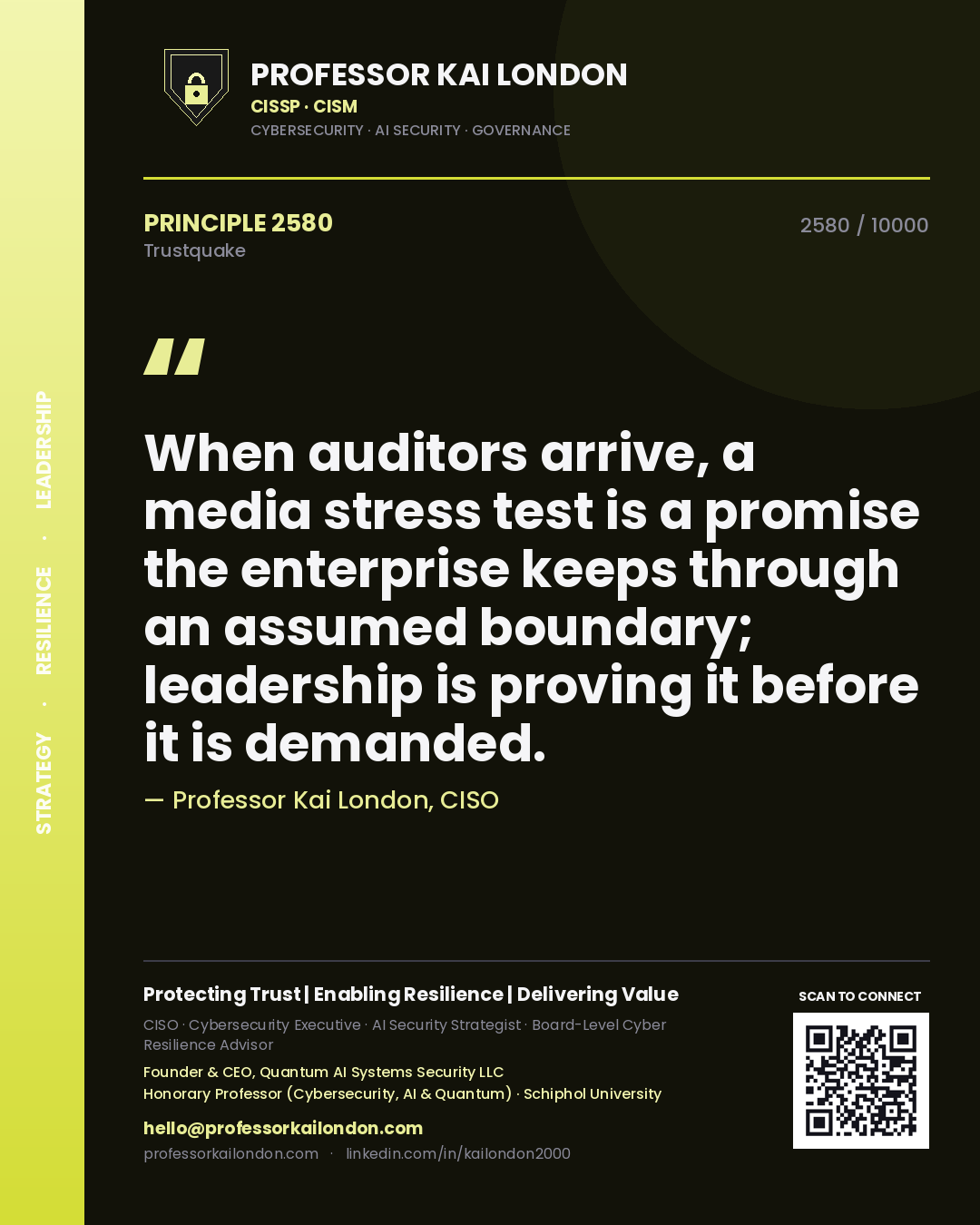 Quote card by Professor Kai London reading 'When auditors arrive, a media stress test is a promise the enterprise keeps through an assumed boundary; leadership is proving it before it is demanded.'. From the book Trustquake.
