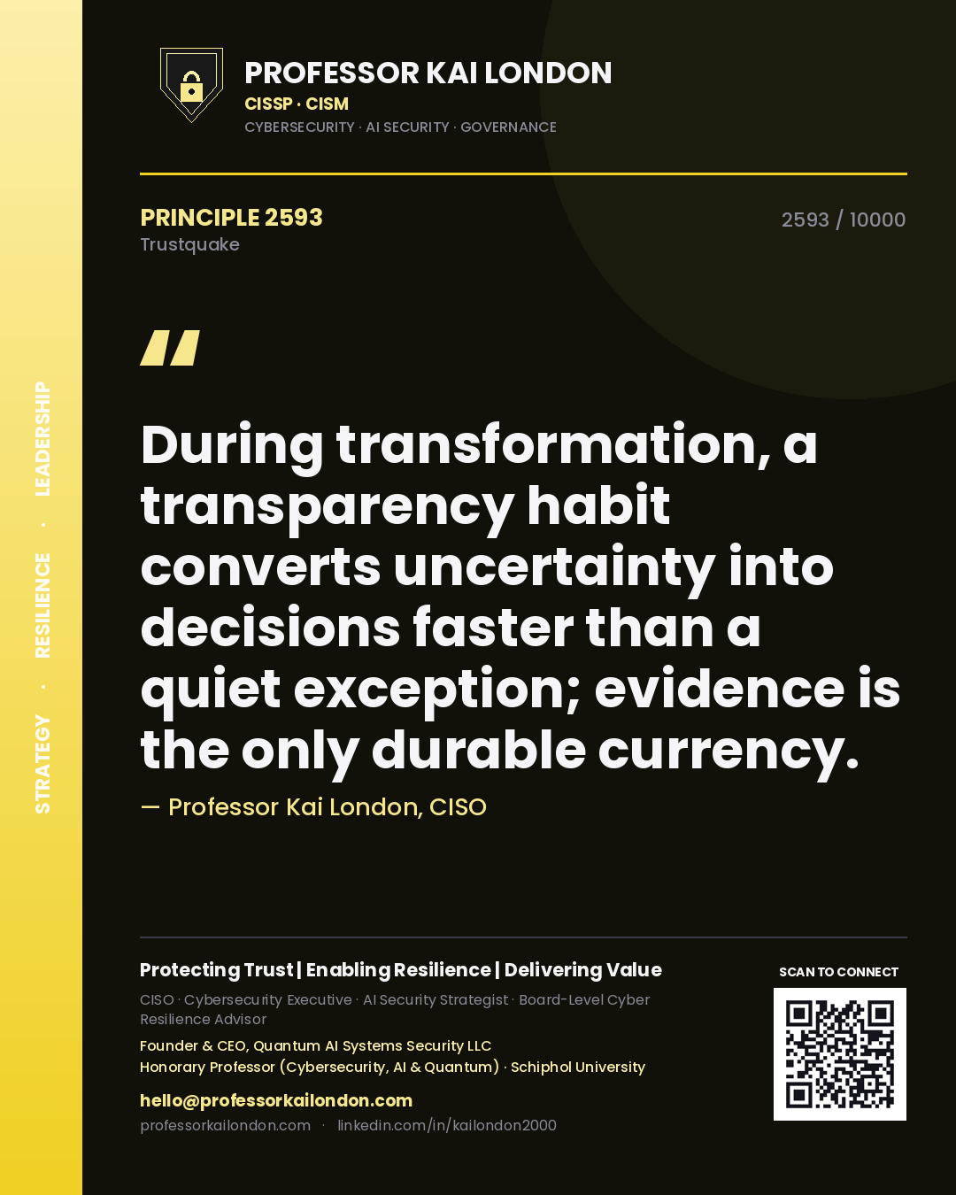Quote card by Professor Kai London reading 'During transformation, a transparency habit converts uncertainty into decisions faster than a quiet exception; evidence is the only durable currency.'. From the book Trustquake.