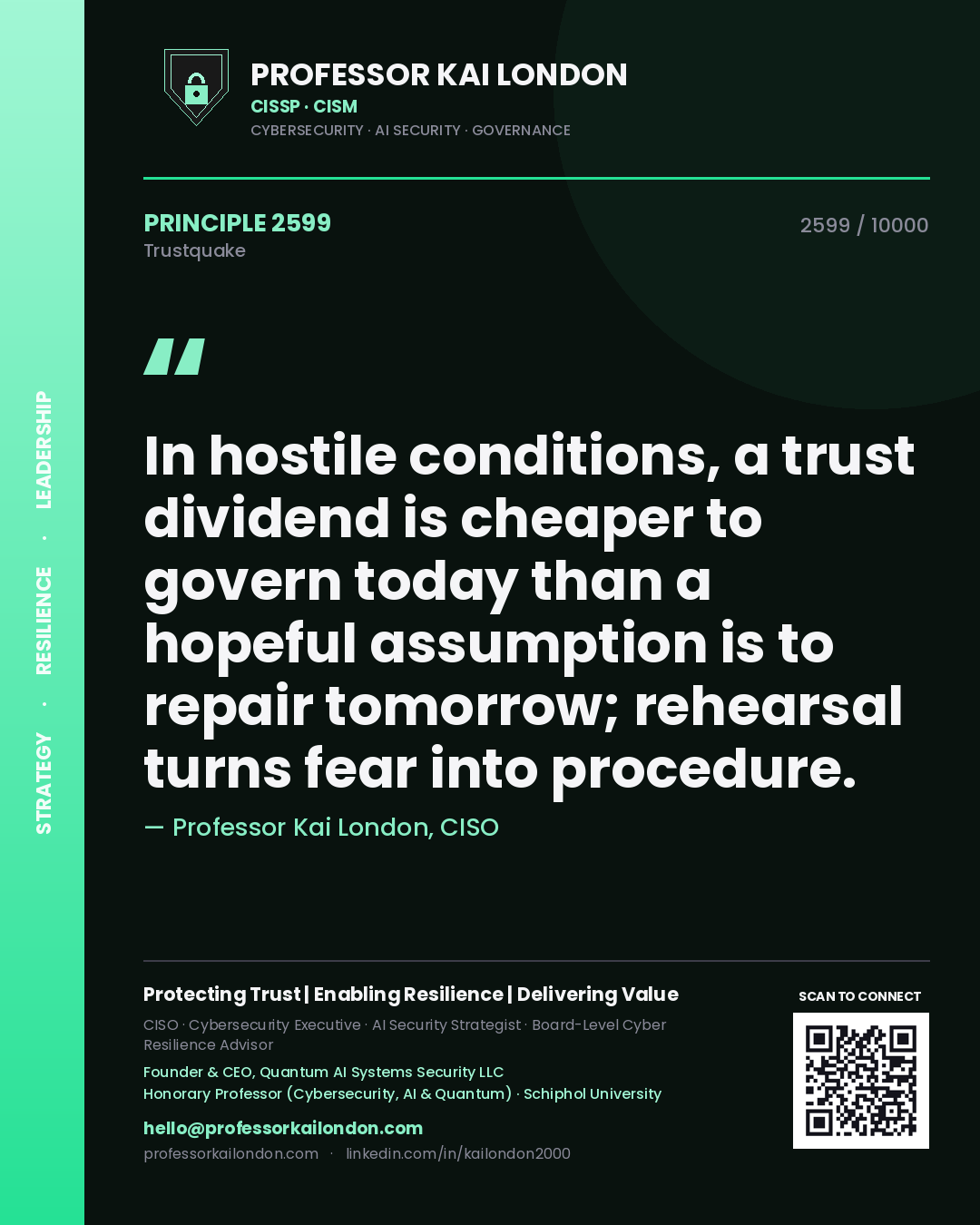 Quote card by Professor Kai London reading 'In hostile conditions, a trust dividend is cheaper to govern today than a hopeful assumption is to repair tomorrow; rehearsal turns fear into procedure.'. From the book Trustquake.