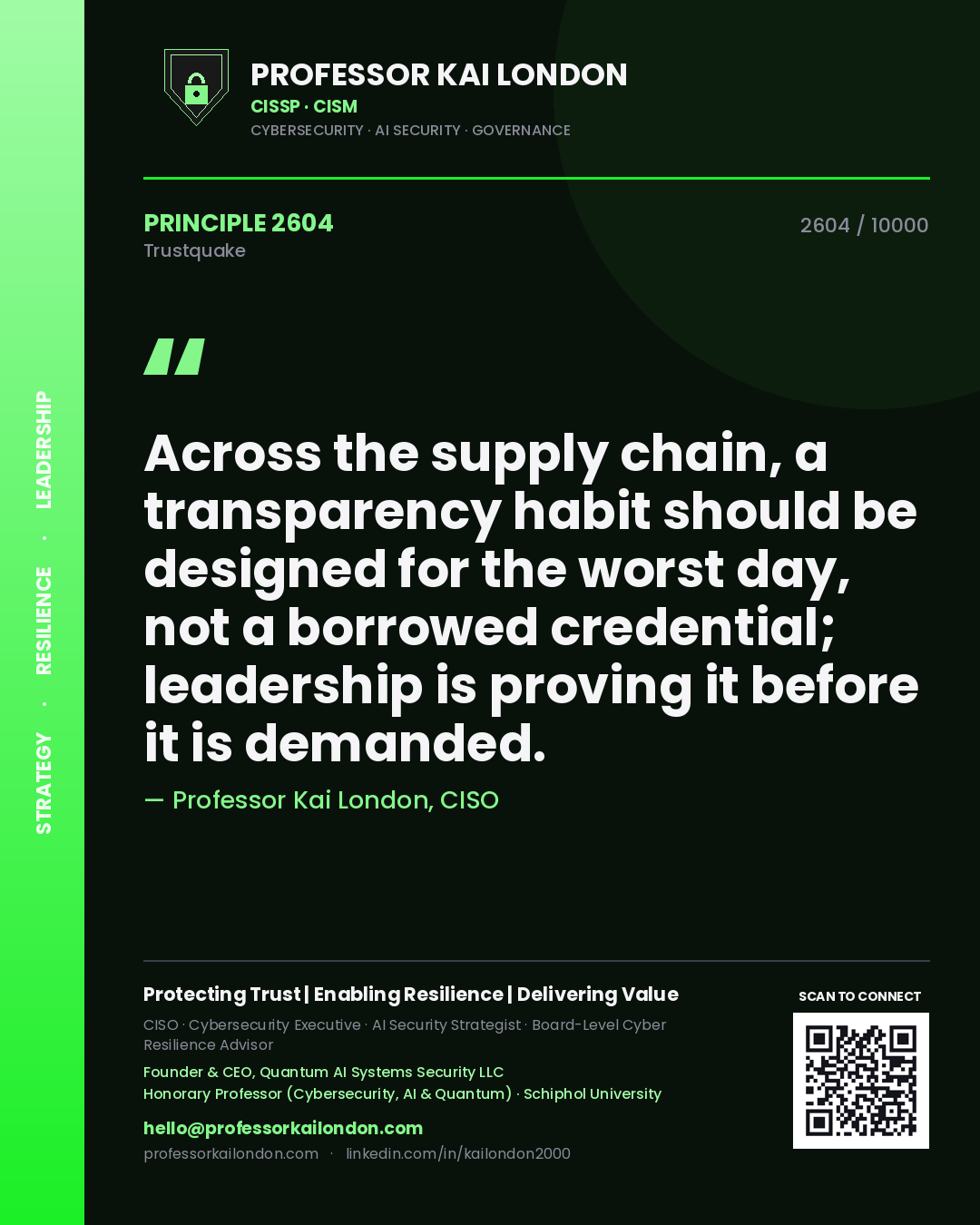 Quote card by Professor Kai London reading 'Across the supply chain, a transparency habit should be designed for the worst day, not a borrowed credential; leadership is proving it before it is demanded.'. From the book Trustquake.