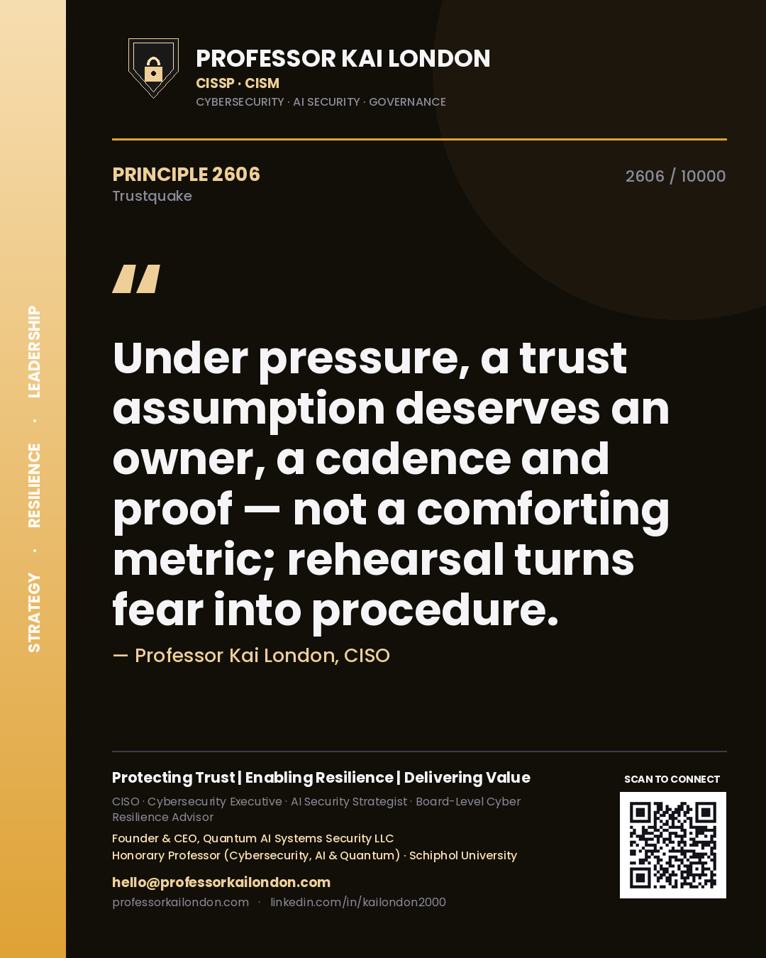 Professor Kai London principle 2606: Under pressure, a trust assumption deserves an owner, a cadence and proof — not a comforting metric; rehearsal turns fear into procedure.