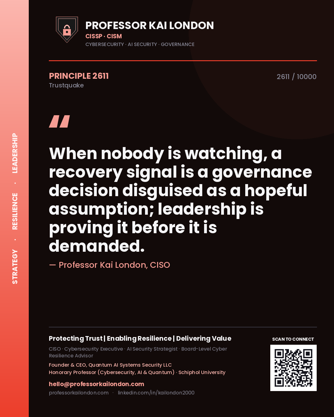 Professor Kai London principle 2611: When nobody is watching, a recovery signal is a governance decision disguised as a hopeful assumption; leadership is proving it before it is demanded.
