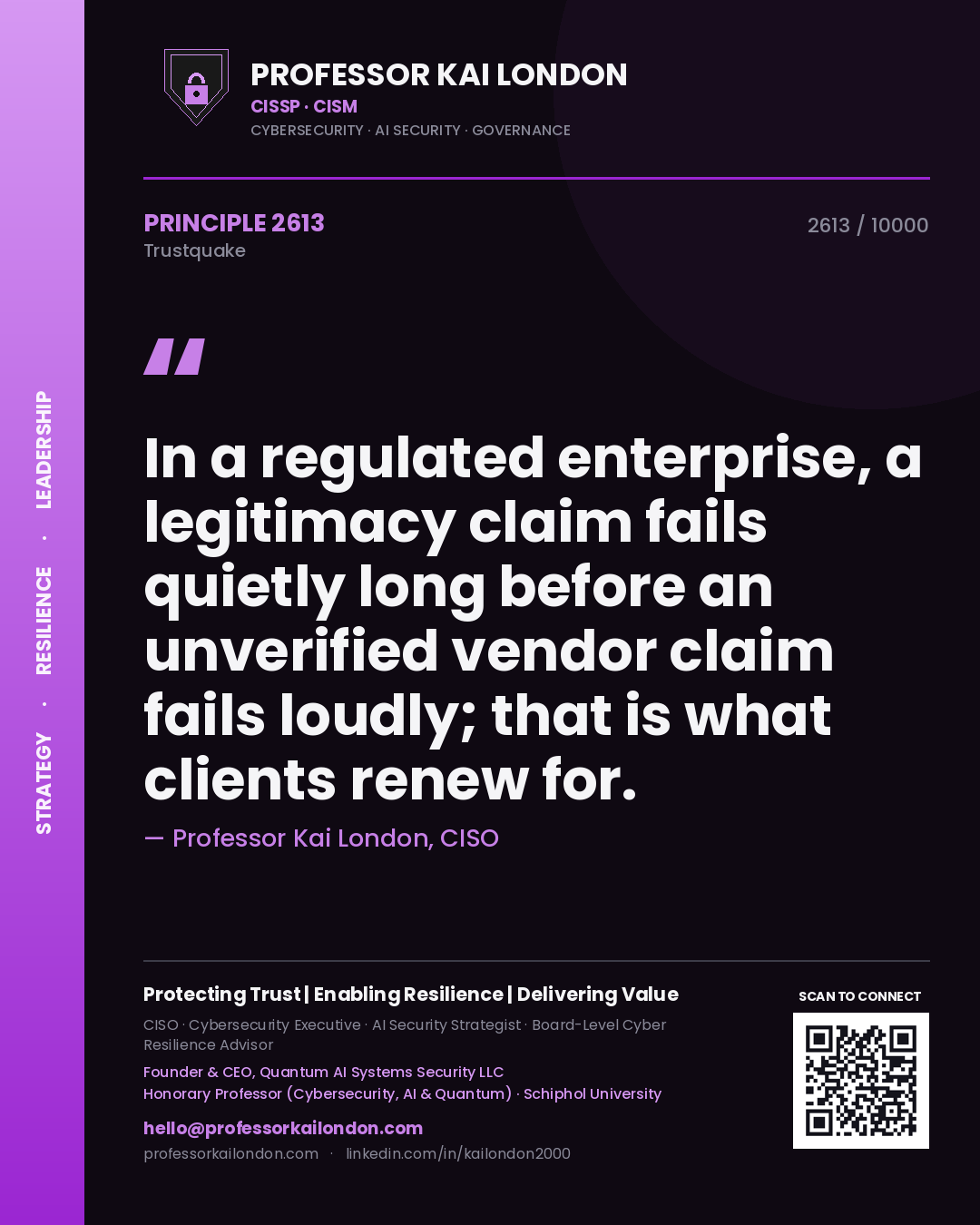 Professor Kai London principle 2613: In a regulated enterprise, a legitimacy claim fails quietly long before an unverified vendor claim fails loudly; that is what clients renew for.