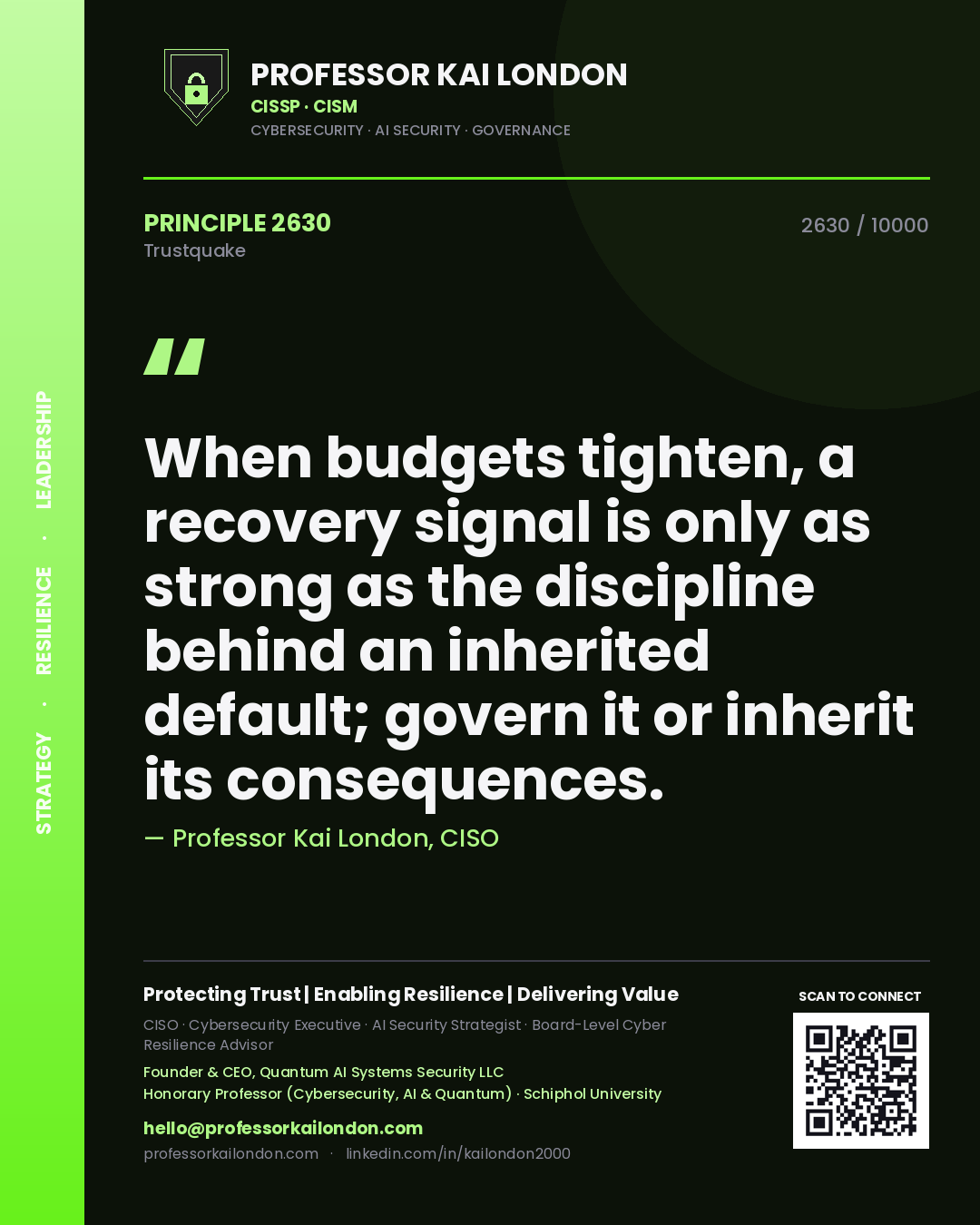 Professor Kai London principle 2630: When budgets tighten, a recovery signal is only as strong as the discipline behind an inherited default; govern it or inherit its consequences.