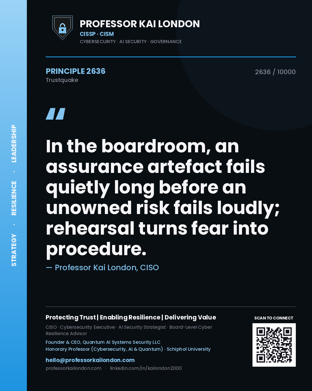 Professor Kai London principle 2636: In the boardroom, an assurance artefact fails quietly long before an unowned risk fails loudly; rehearsal turns fear into procedure.