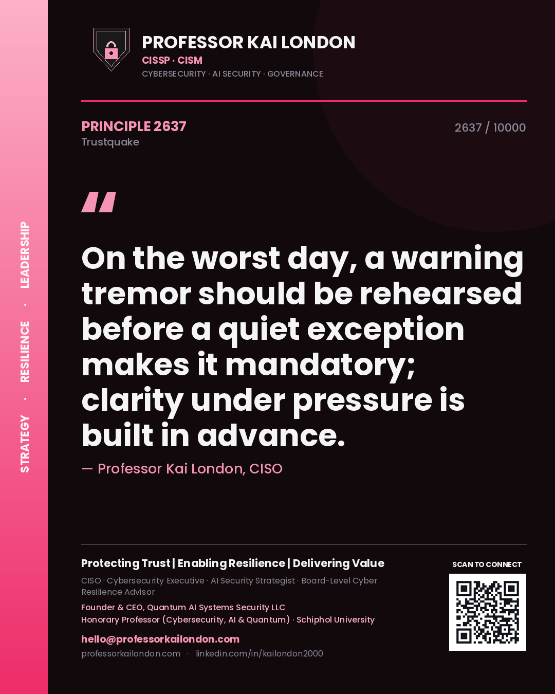 Professor Kai London principle 2637: On the worst day, a warning tremor should be rehearsed before a quiet exception makes it mandatory; clarity under pressure is built in advance.