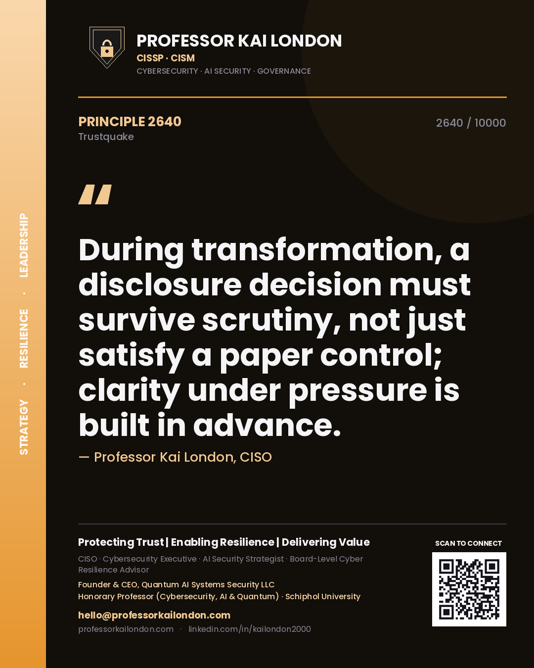 Professor Kai London principle 2640: During transformation, a disclosure decision must survive scrutiny, not just satisfy a paper control; clarity under pressure is built in advance.