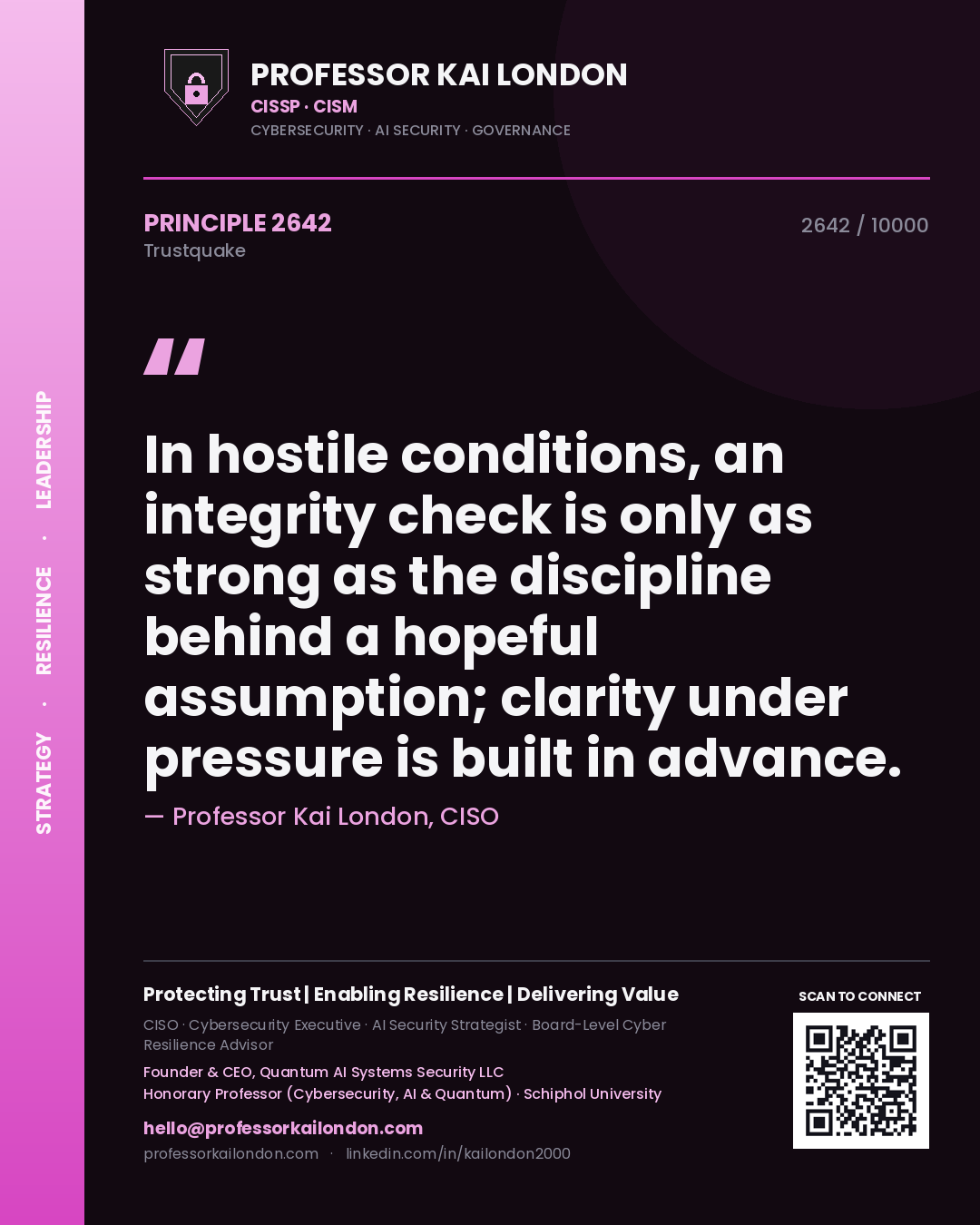 Quote card by Professor Kai London reading 'In hostile conditions, an integrity check is only as strong as the discipline behind a hopeful assumption; clarity under pressure is built in advance.'. From the book Trustquake.