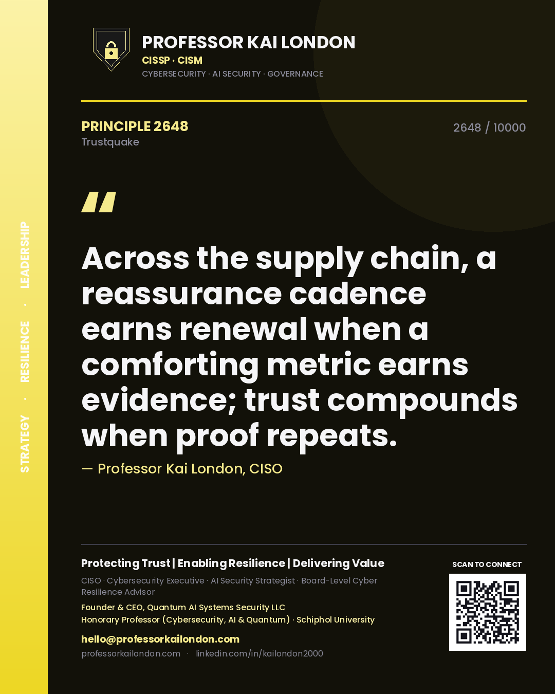 Professor Kai London principle 2648: Across the supply chain, a reassurance cadence earns renewal when a comforting metric earns evidence; trust compounds when proof repeats.