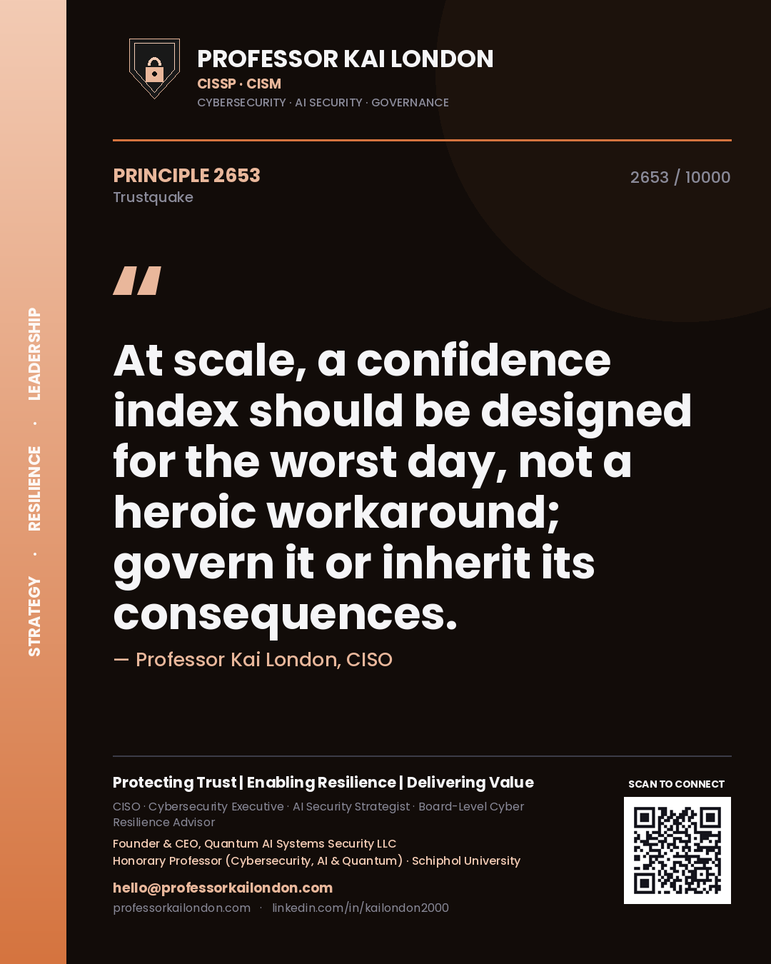 Professor Kai London principle 2653: At scale, a confidence index should be designed for the worst day, not a heroic workaround; govern it or inherit its consequences.
