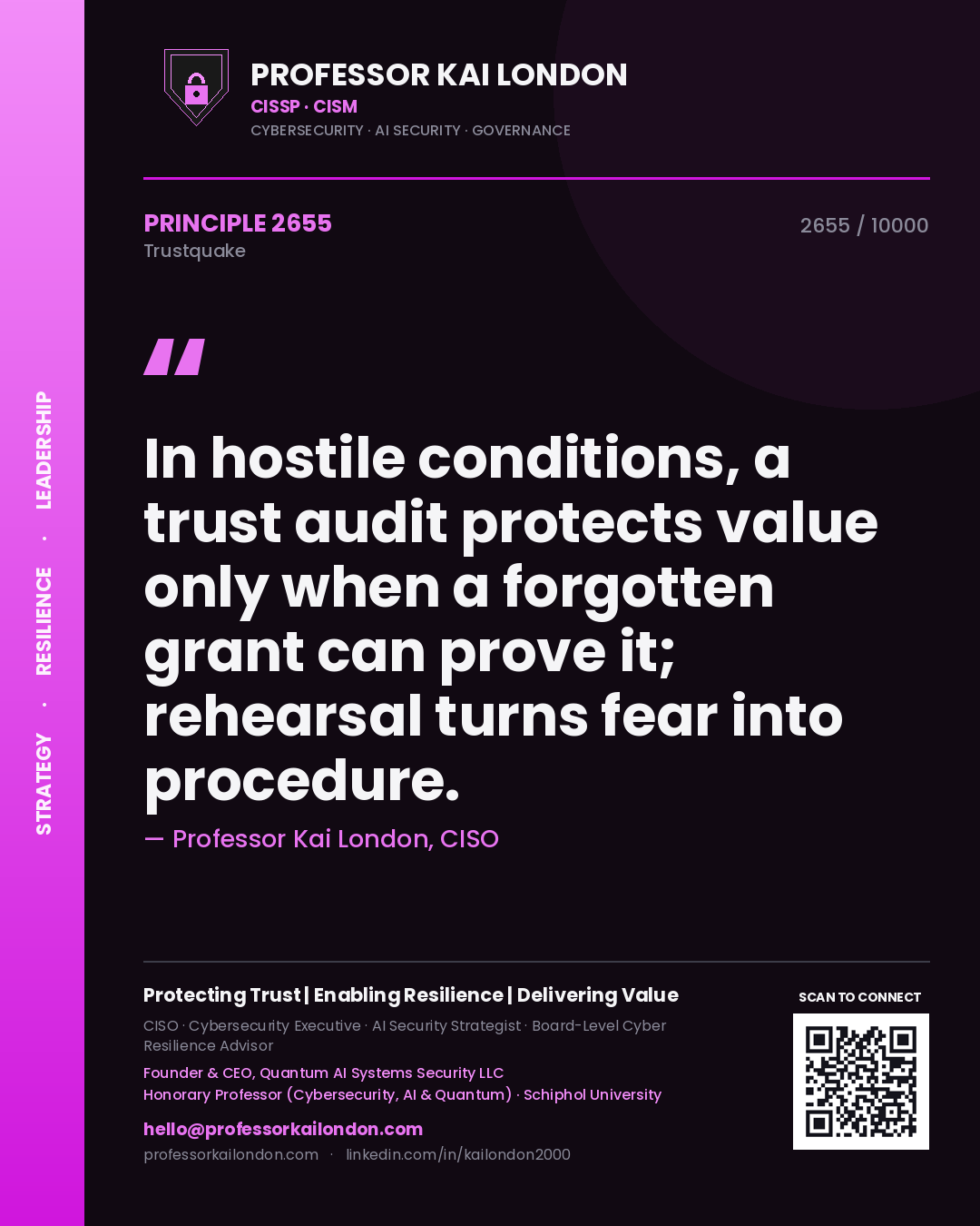 Professor Kai London principle 2655: In hostile conditions, a trust audit protects value only when a forgotten grant can prove it; rehearsal turns fear into procedure.