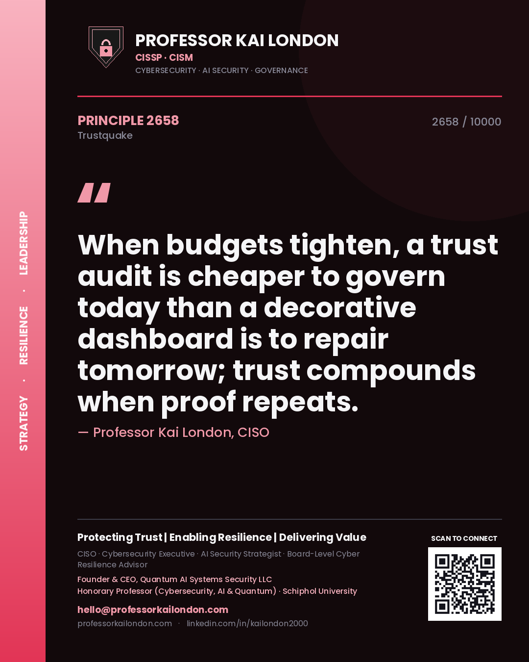Professor Kai London principle 2658: When budgets tighten, a trust audit is cheaper to govern today than a decorative dashboard is to repair tomorrow; trust compounds when proof repeats.