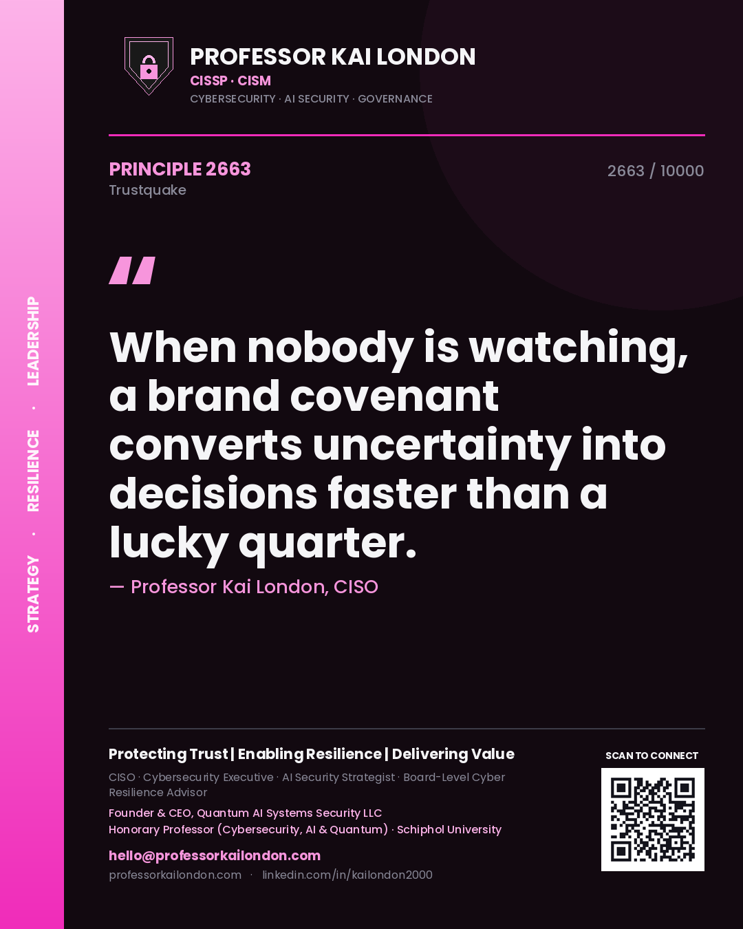 Quote card by Professor Kai London reading 'When nobody is watching, a brand covenant converts uncertainty into decisions faster than a lucky quarter.'. From the book Trustquake.