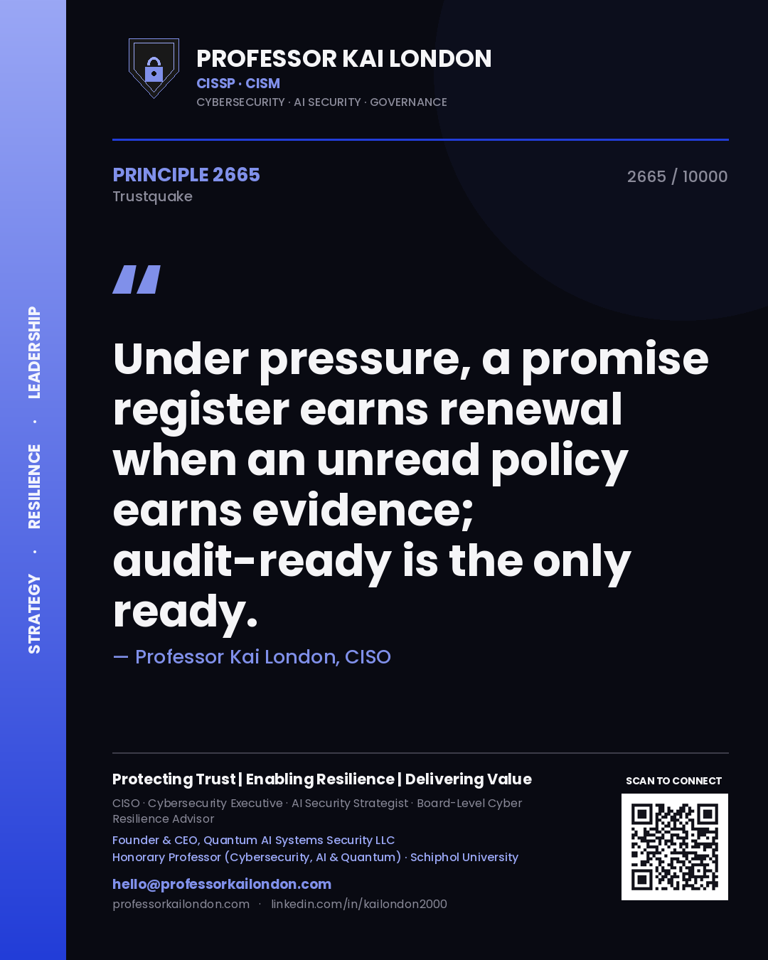 Professor Kai London principle 2665: Under pressure, a promise register earns renewal when an unread policy earns evidence; audit-ready is the only ready.