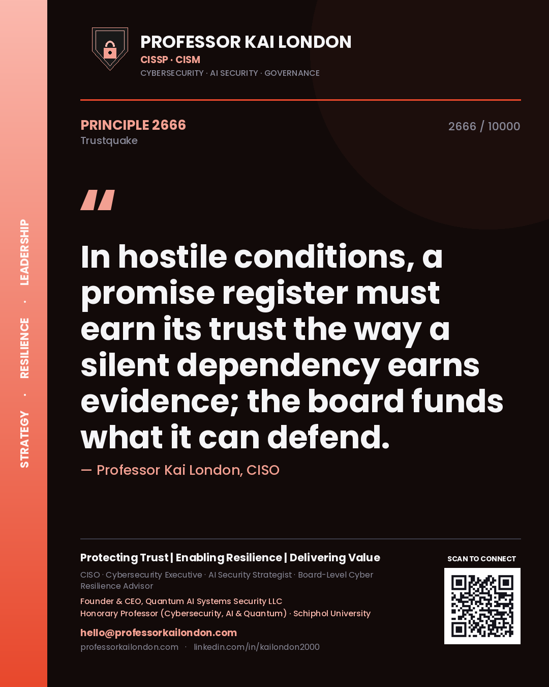 Professor Kai London principle 2666: In hostile conditions, a promise register must earn its trust the way a silent dependency earns evidence; the board funds what it can defend.