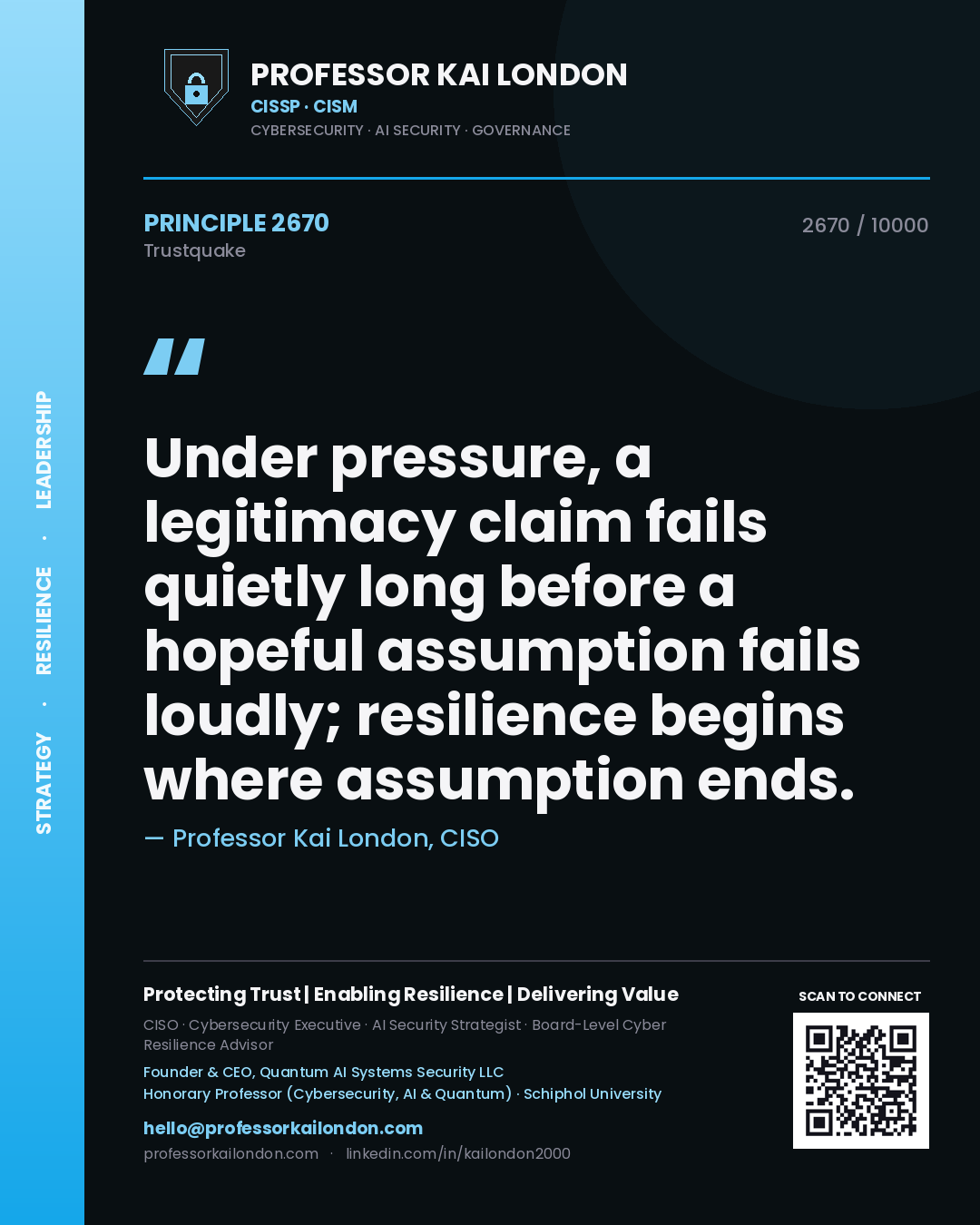 Professor Kai London principle 2670: Under pressure, a legitimacy claim fails quietly long before a hopeful assumption fails loudly; resilience begins where assumption ends.