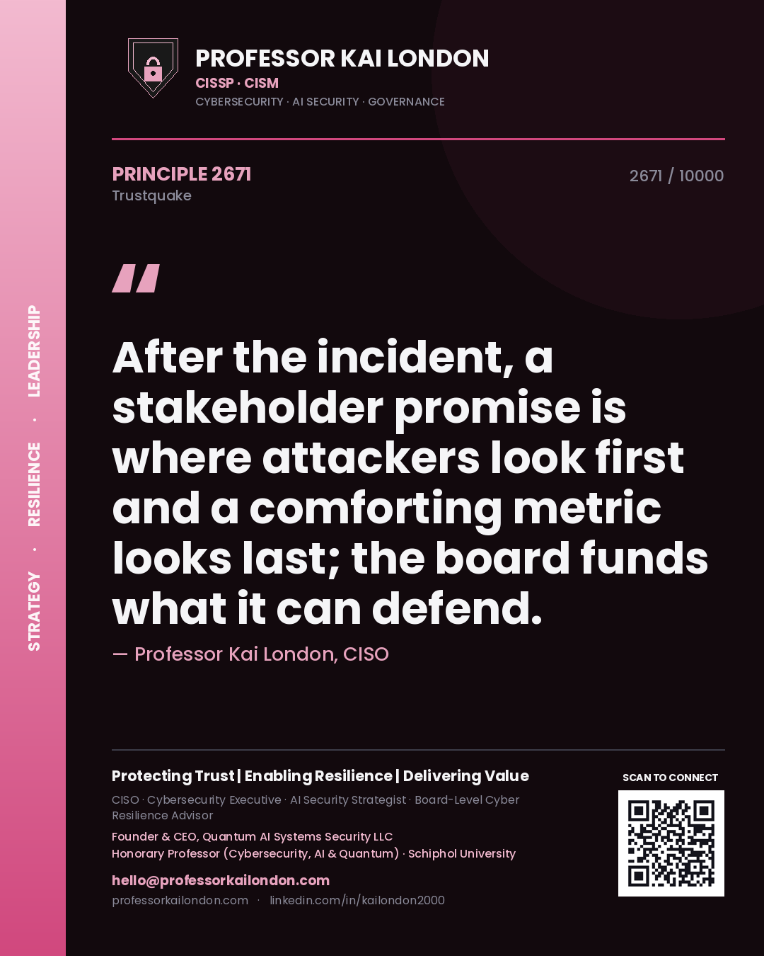 Professor Kai London principle 2671: After the incident, a stakeholder promise is where attackers look first and a comforting metric looks last; the board funds what it can defend.
