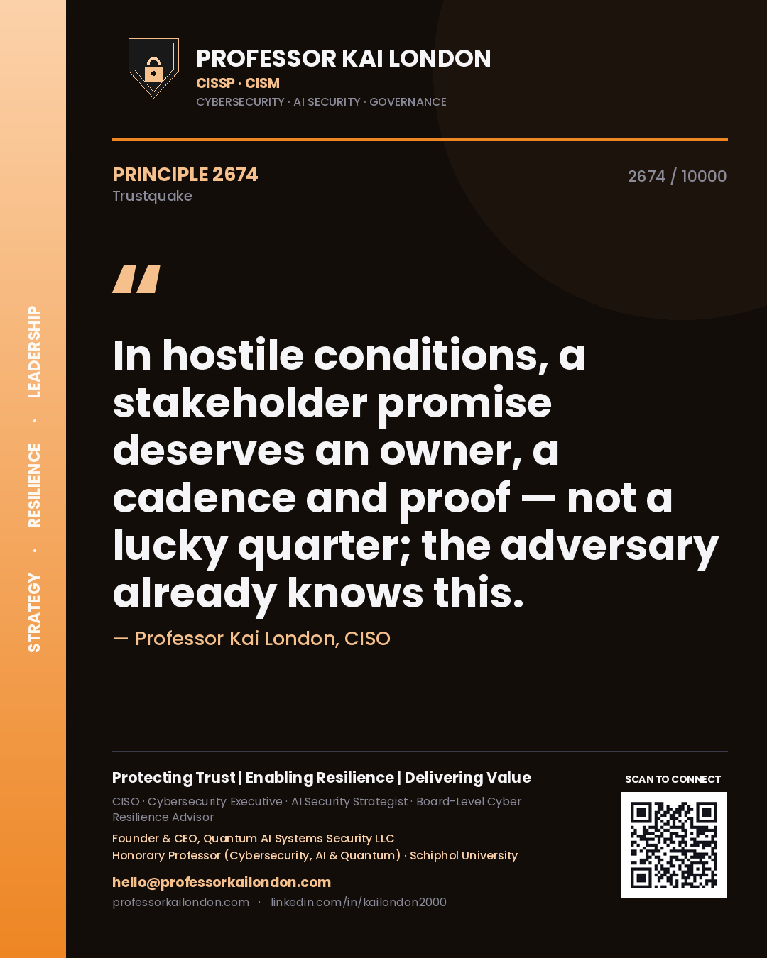 Professor Kai London principle 2674: In hostile conditions, a stakeholder promise deserves an owner, a cadence and proof — not a lucky quarter; the adversary already knows this.