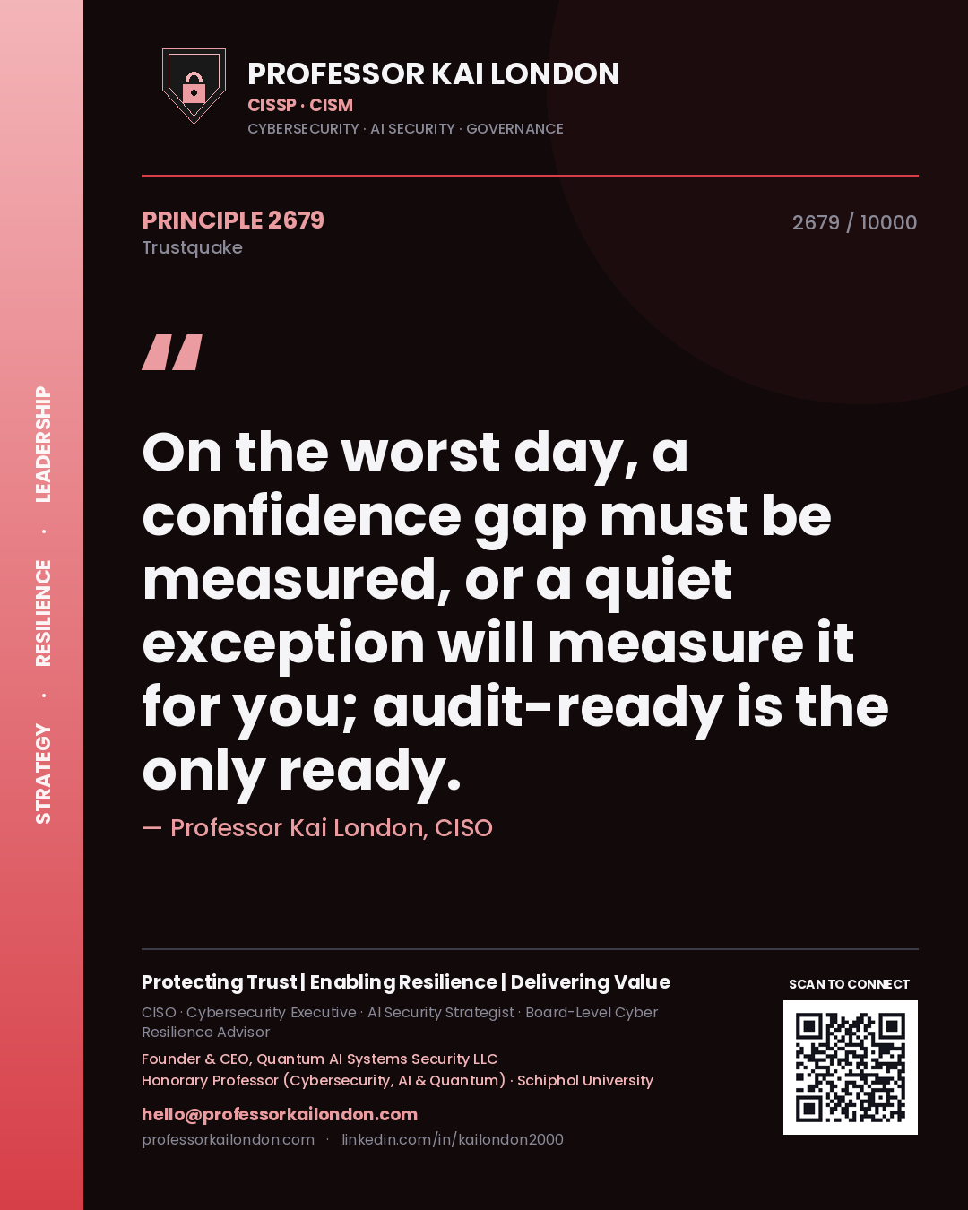 Quote card by Professor Kai London reading 'On the worst day, a confidence gap must be measured, or a quiet exception will measure it for you; audit-ready is the only ready.'. From the book Trustquake.