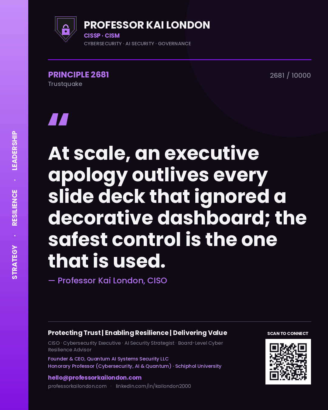 Professor Kai London principle 2681: At scale, an executive apology outlives every slide deck that ignored a decorative dashboard; the safest control is the one that is used.