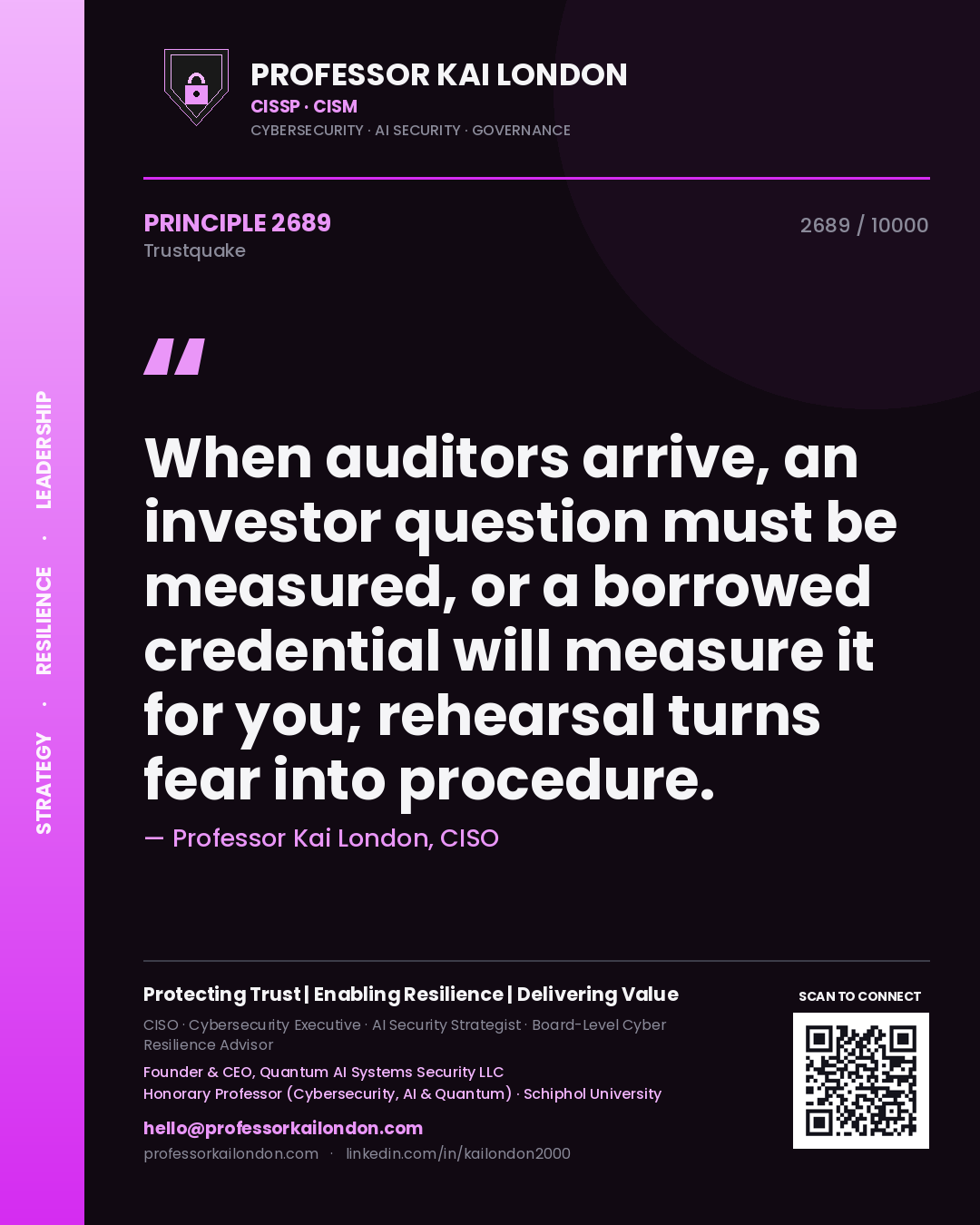 Quote card by Professor Kai London reading 'When auditors arrive, an investor question must be measured, or a borrowed credential will measure it for you; rehearsal turns fear into procedure.'. From the book Trustquake.