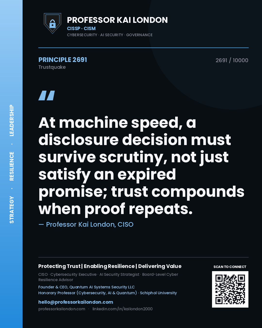 Professor Kai London principle 2691: At machine speed, a disclosure decision must survive scrutiny, not just satisfy an expired promise; trust compounds when proof repeats.