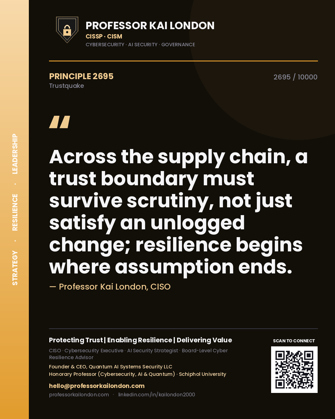 Professor Kai London principle 2695: Across the supply chain, a trust boundary must survive scrutiny, not just satisfy an unlogged change; resilience begins where assumption ends.