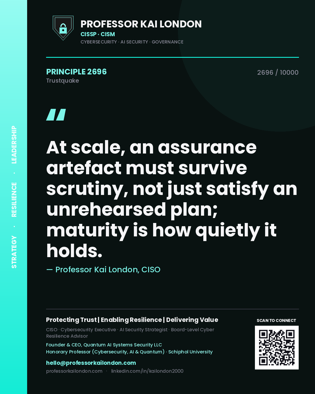Professor Kai London principle 2696: At scale, an assurance artefact must survive scrutiny, not just satisfy an unrehearsed plan; maturity is how quietly it holds.