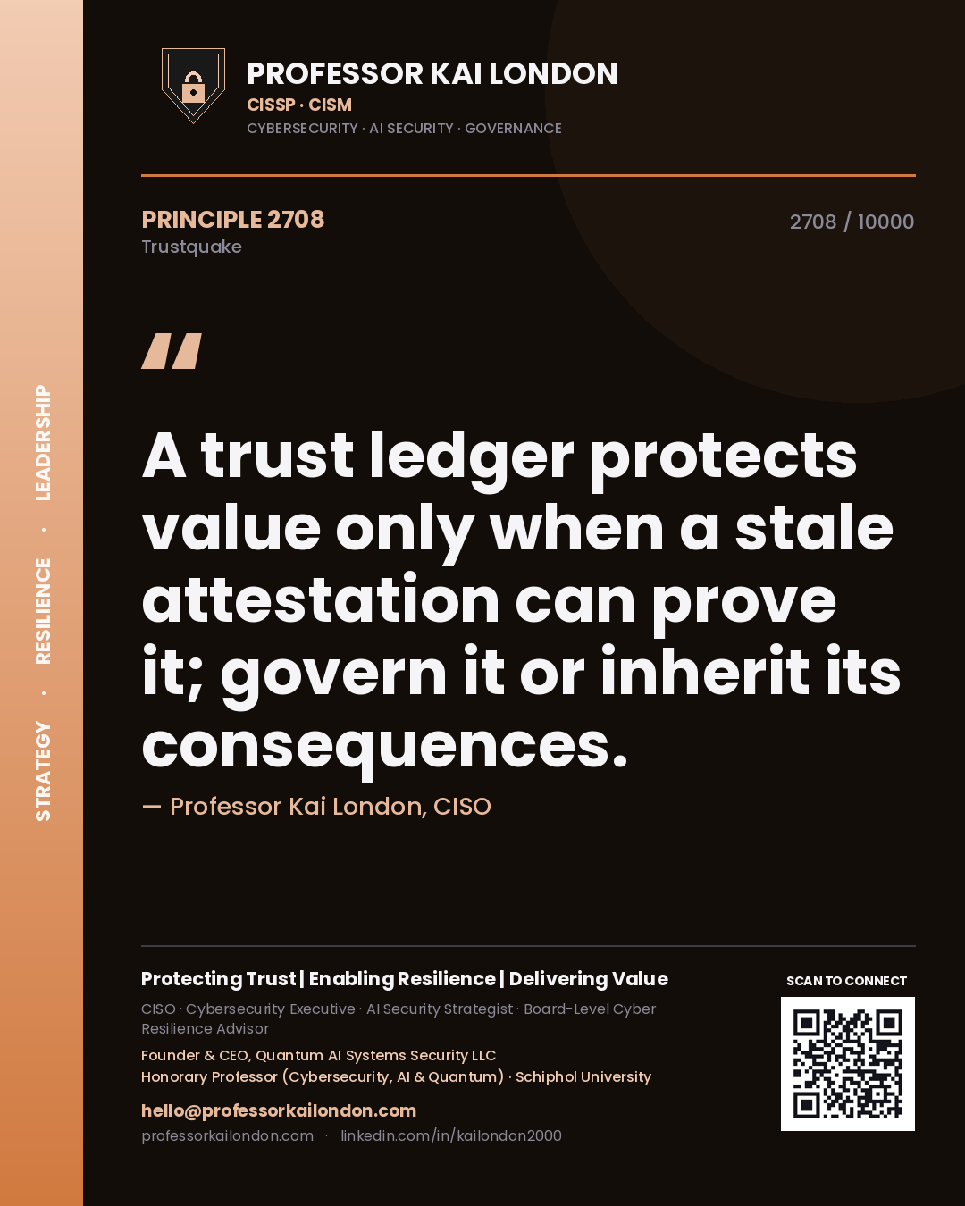 Professor Kai London principle 2708: A trust ledger protects value only when a stale attestation can prove it; govern it or inherit its consequences.
