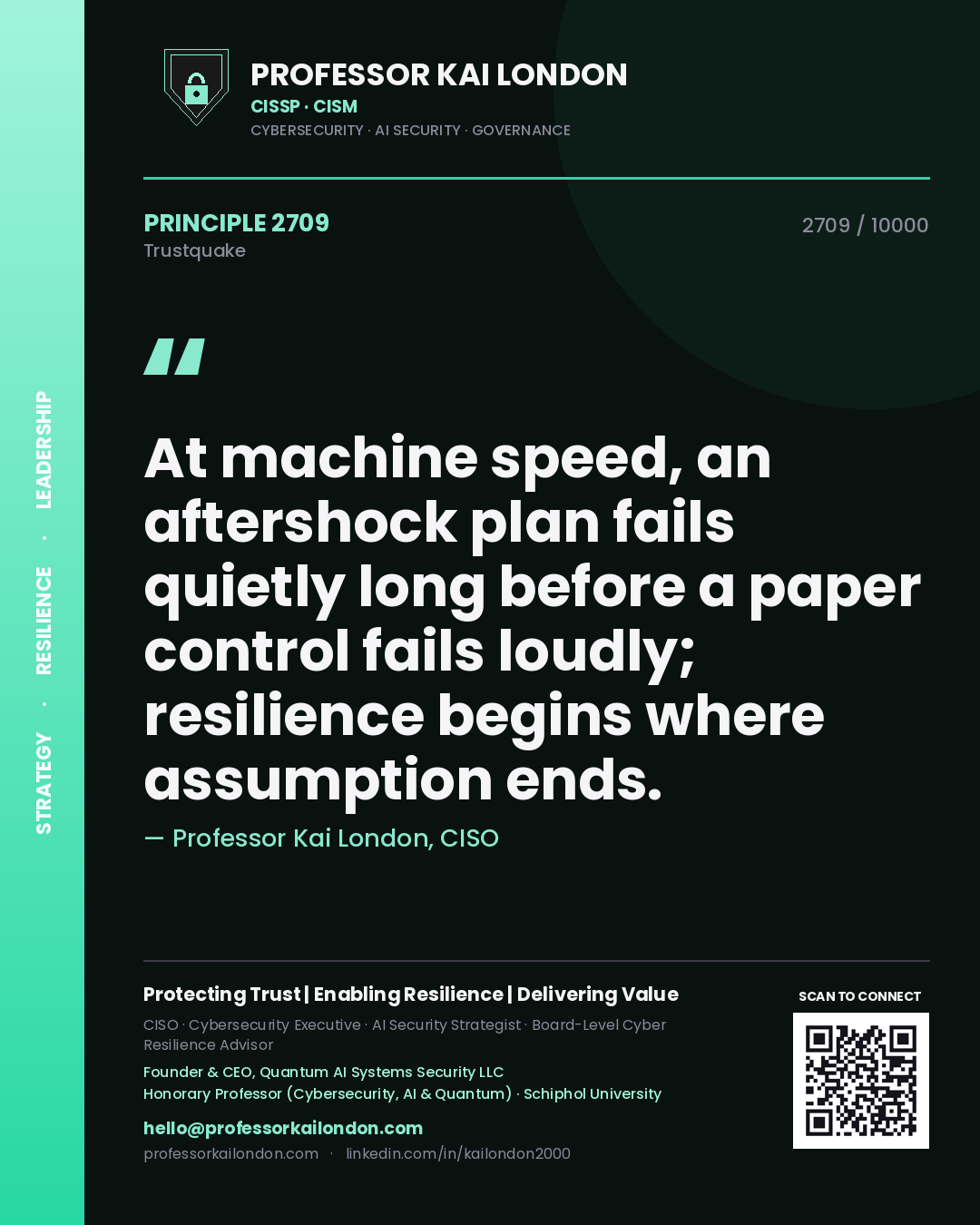 Professor Kai London principle 2709: At machine speed, an aftershock plan fails quietly long before a paper control fails loudly; resilience begins where assumption ends.