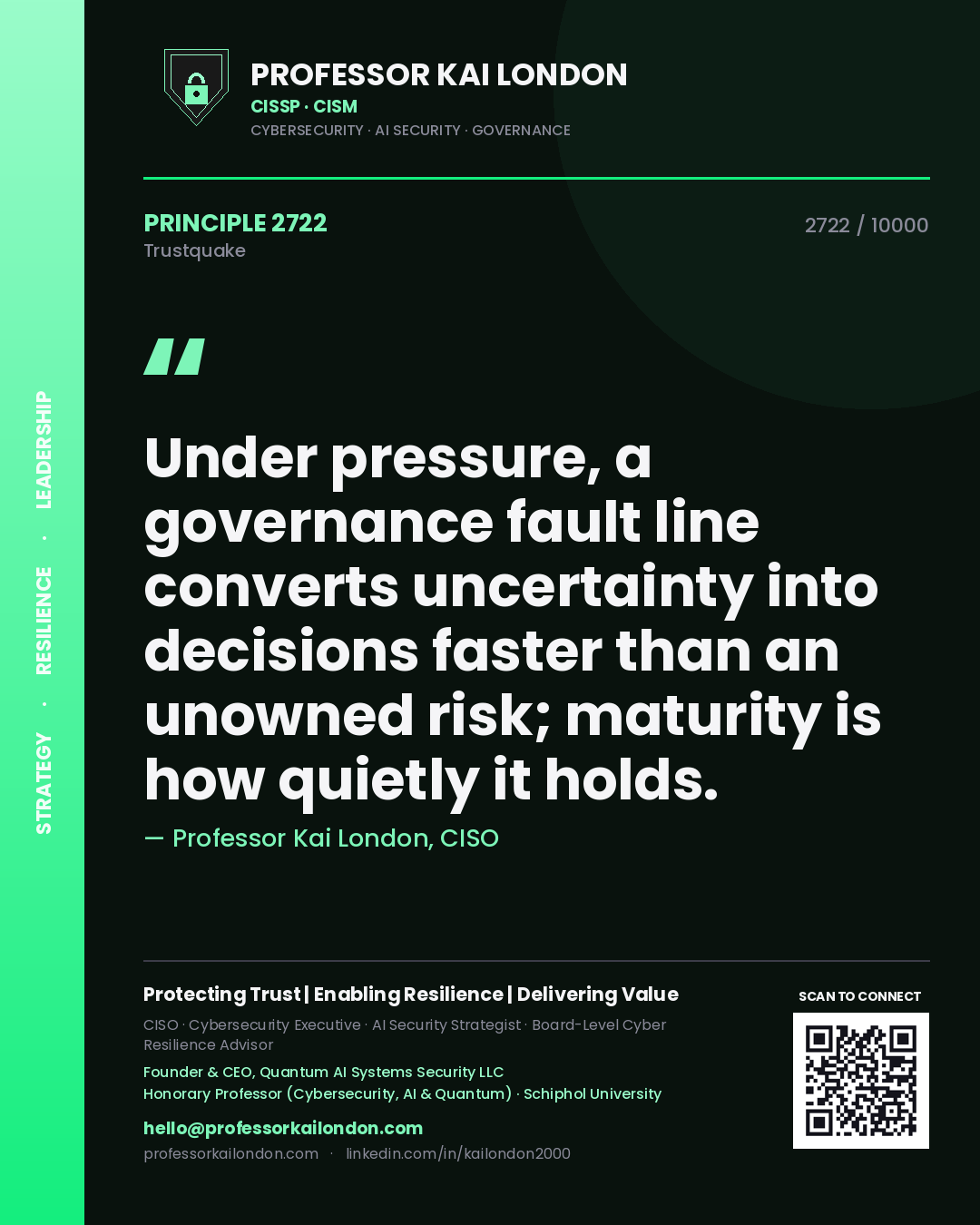 Professor Kai London principle 2722: Under pressure, a governance fault line converts uncertainty into decisions faster than an unowned risk; maturity is how quietly it holds.