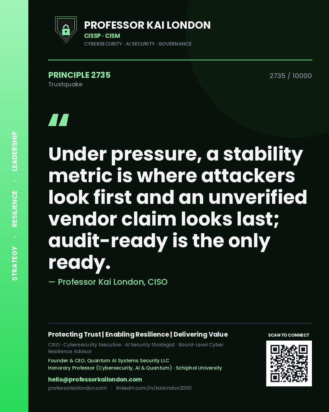 Quote card by Professor Kai London reading 'Under pressure, a stability metric is where attackers look first and an unverified vendor claim looks last; audit-ready is the only ready.'. From the book Trustquake.