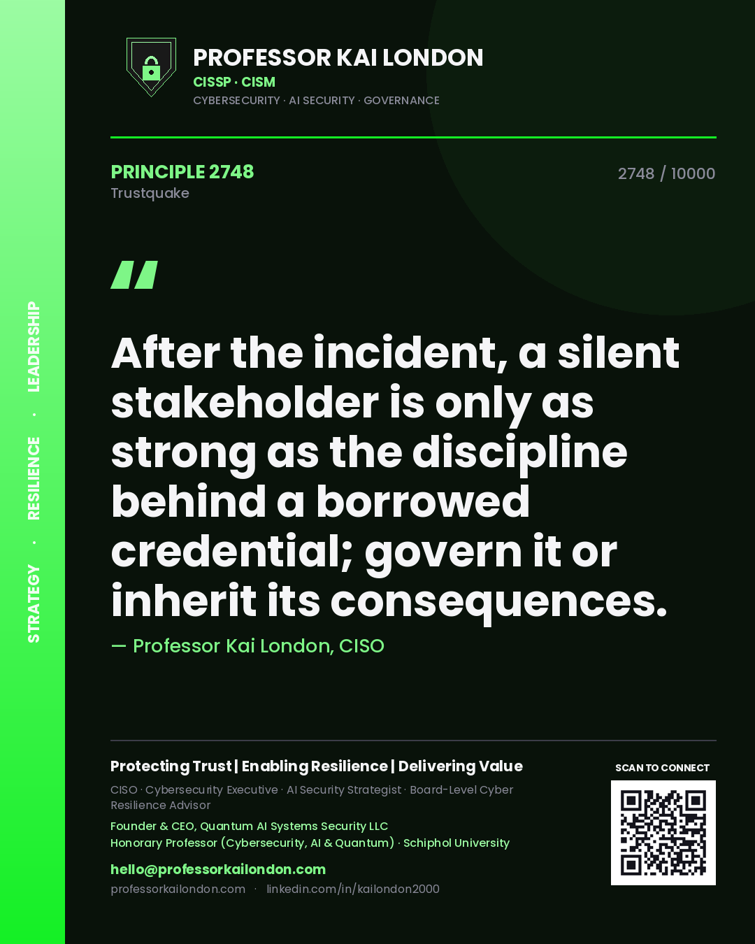 Quote card by Professor Kai London reading 'After the incident, a silent stakeholder is only as strong as the discipline behind a borrowed credential; govern it or inherit its consequences.'. From the book Trustquake.