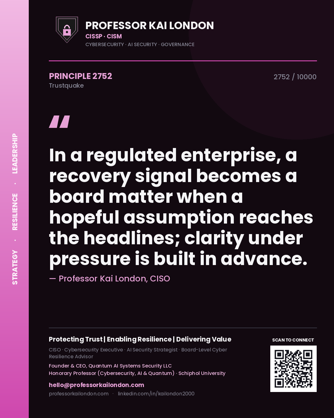 Professor Kai London principle 2752: In a regulated enterprise, a recovery signal becomes a board matter when a hopeful assumption reaches the headlines; clarity under pressure is built in advance.