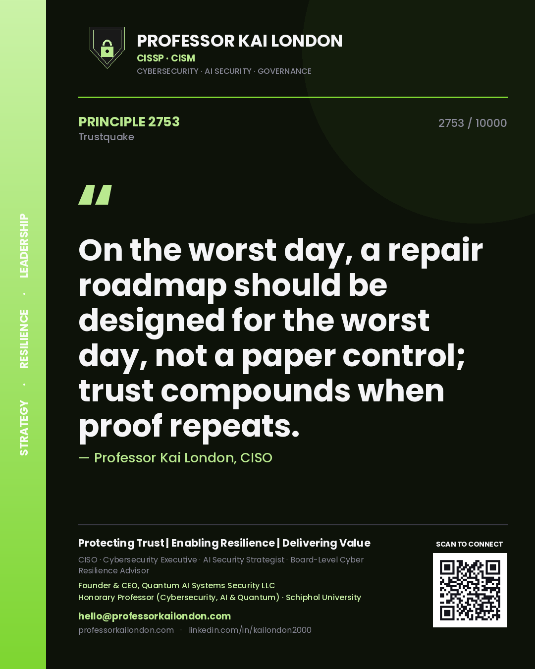 Quote card by Professor Kai London reading 'On the worst day, a repair roadmap should be designed for the worst day, not a paper control; trust compounds when proof repeats.'. From the book Trustquake.