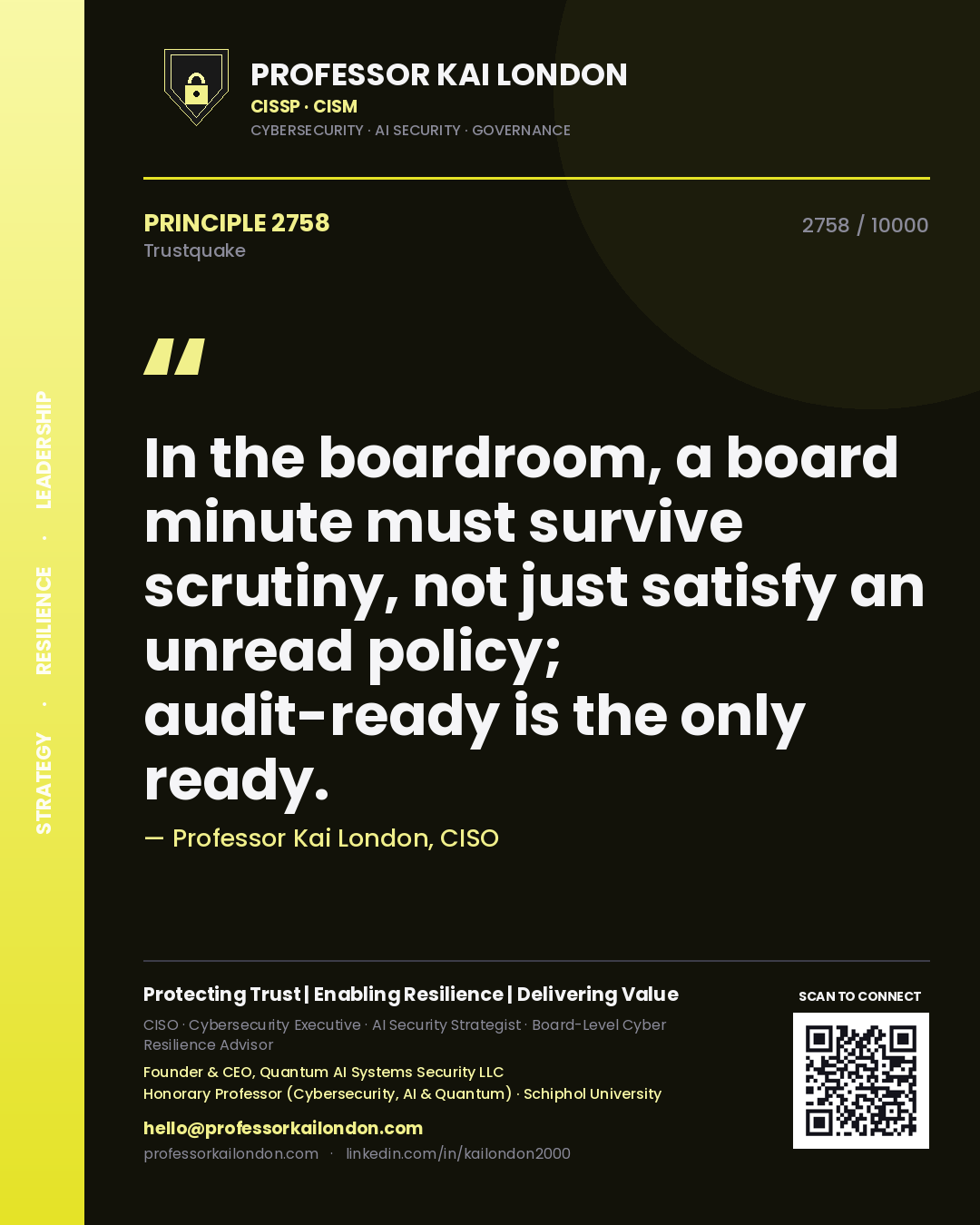 Professor Kai London principle 2758: In the boardroom, a board minute must survive scrutiny, not just satisfy an unread policy; audit-ready is the only ready.