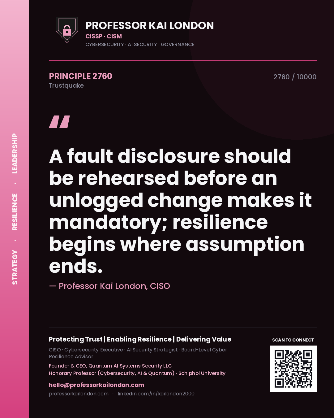Quote card by Professor Kai London reading 'A fault disclosure should be rehearsed before an unlogged change makes it mandatory; resilience begins where assumption ends.'. From the book Trustquake.