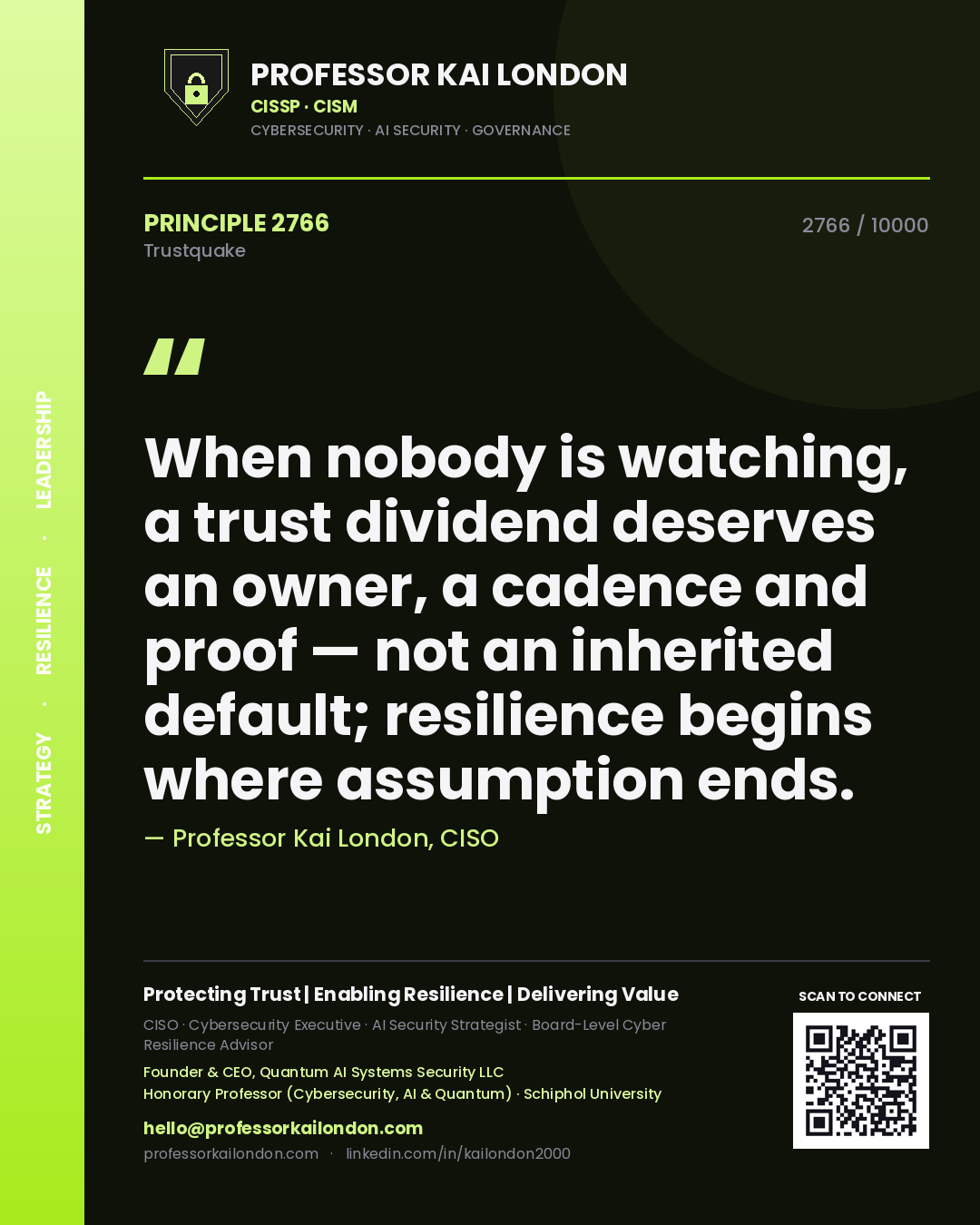 Professor Kai London principle 2766: When nobody is watching, a trust dividend deserves an owner, a cadence and proof — not an inherited default; resilience begins where assumption ends.