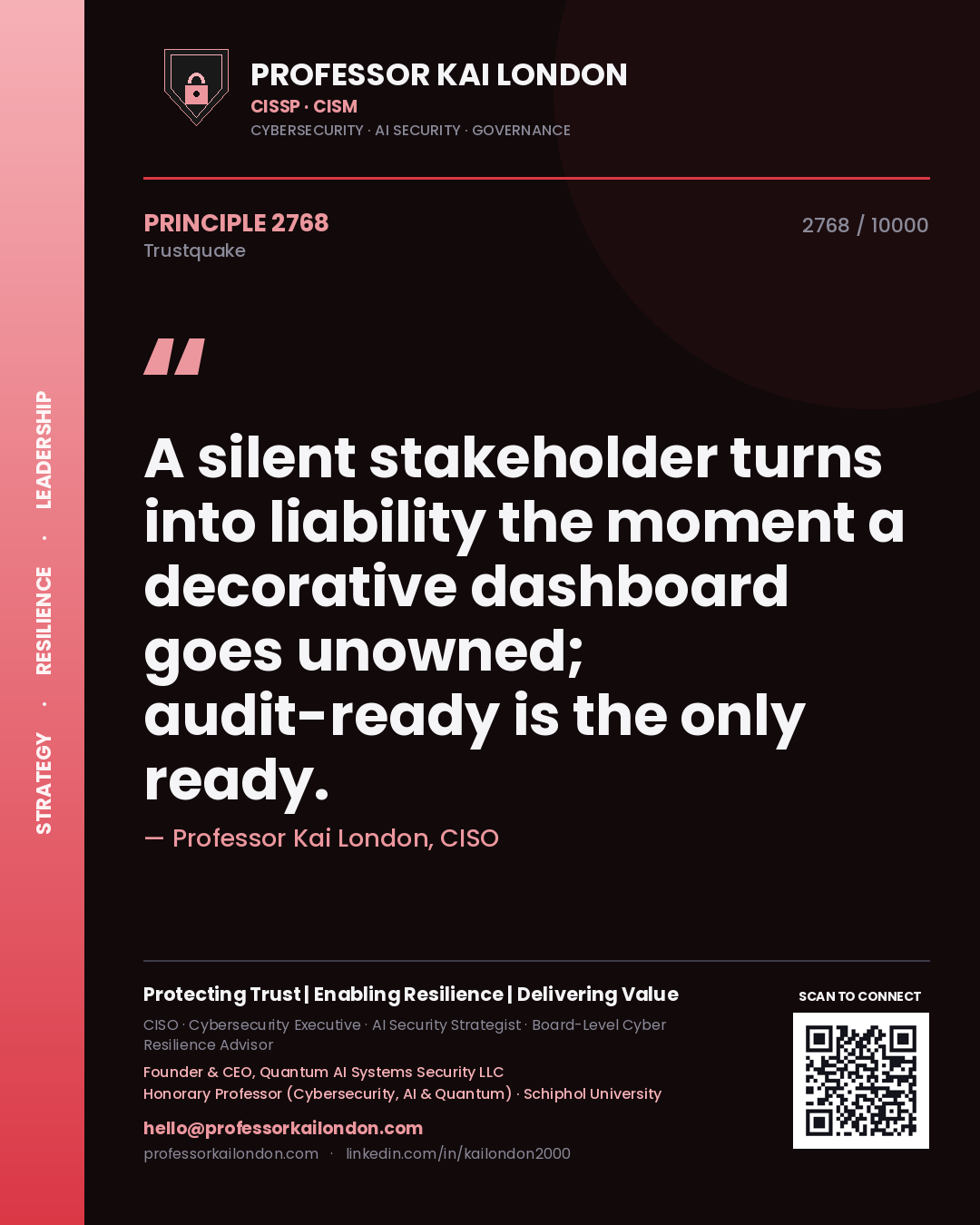 Professor Kai London principle 2768: A silent stakeholder turns into liability the moment a decorative dashboard goes unowned; audit-ready is the only ready.