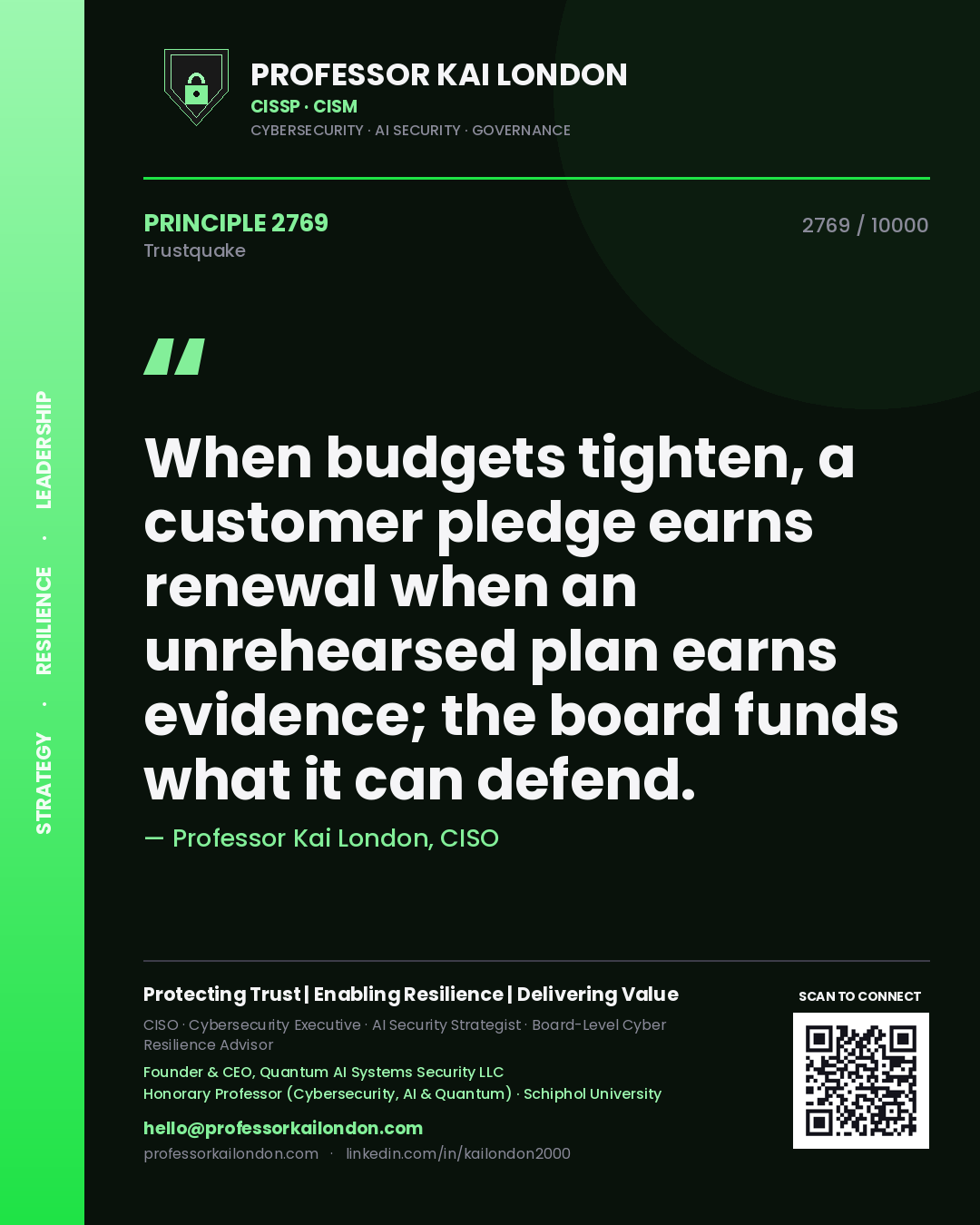 Professor Kai London principle 2769: When budgets tighten, a customer pledge earns renewal when an unrehearsed plan earns evidence; the board funds what it can defend.