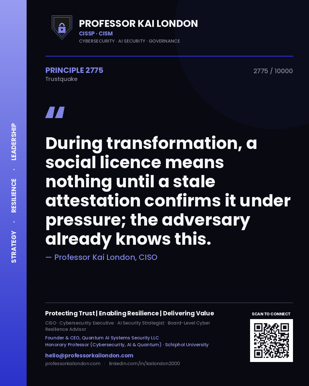 Quote card by Professor Kai London reading 'During transformation, a social licence means nothing until a stale attestation confirms it under pressure; the adversary already knows this.'. From the book Trustquake.