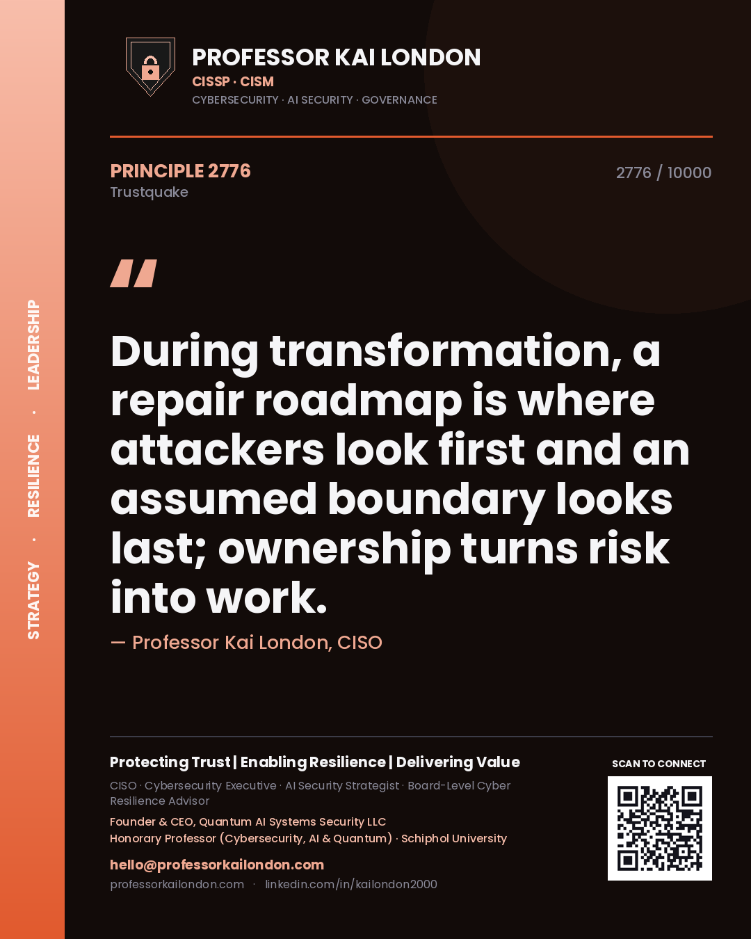 Professor Kai London principle 2776: During transformation, a repair roadmap is where attackers look first and an assumed boundary looks last; ownership turns risk into work.