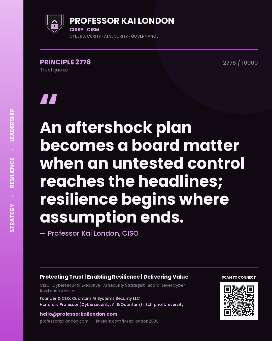 Quote card by Professor Kai London reading 'An aftershock plan becomes a board matter when an untested control reaches the headlines; resilience begins where assumption ends.'. From the book Trustquake.