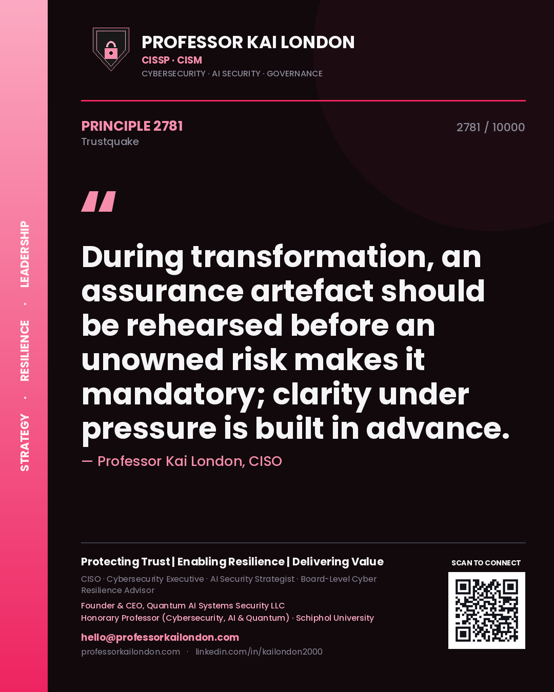Professor Kai London principle 2781: During transformation, an assurance artefact should be rehearsed before an unowned risk makes it mandatory; clarity under pressure is built in advance.