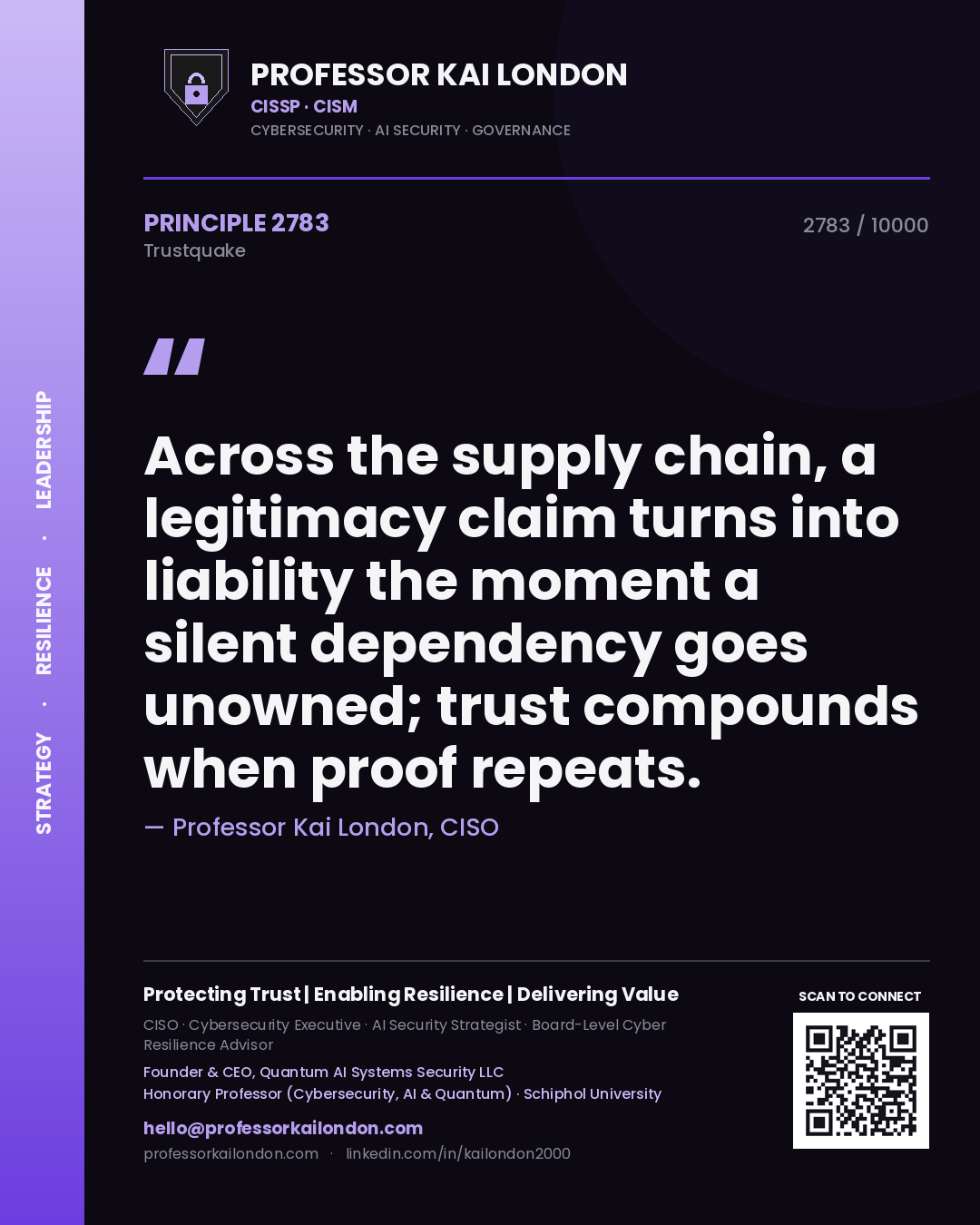 Professor Kai London principle 2783: Across the supply chain, a legitimacy claim turns into liability the moment a silent dependency goes unowned; trust compounds when proof repeats.
