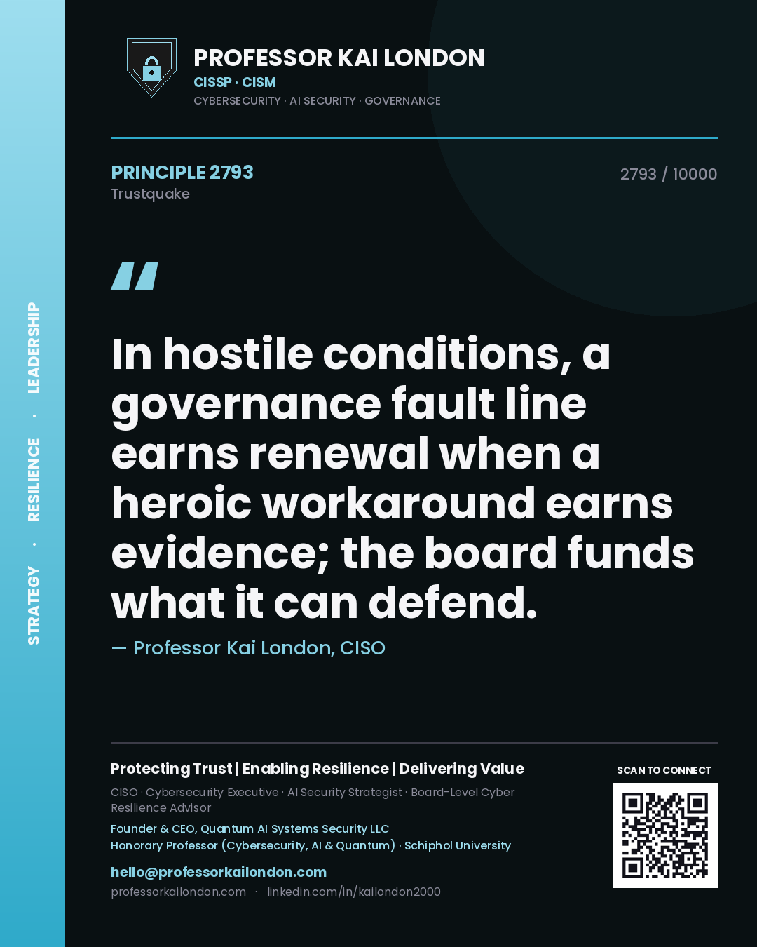 Quote card by Professor Kai London reading 'In hostile conditions, a governance fault line earns renewal when a heroic workaround earns evidence; the board funds what it can defend.'. From the book Trustquake.