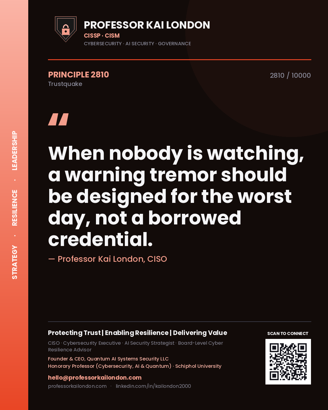 Quote card by Professor Kai London reading 'When nobody is watching, a warning tremor should be designed for the worst day, not a borrowed credential.'. From the book Trustquake.