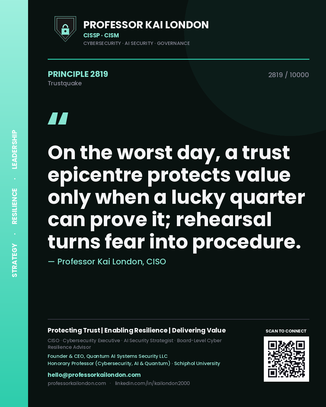 Quote card by Professor Kai London reading 'On the worst day, a trust epicentre protects value only when a lucky quarter can prove it; rehearsal turns fear into procedure.'. From the book Trustquake.