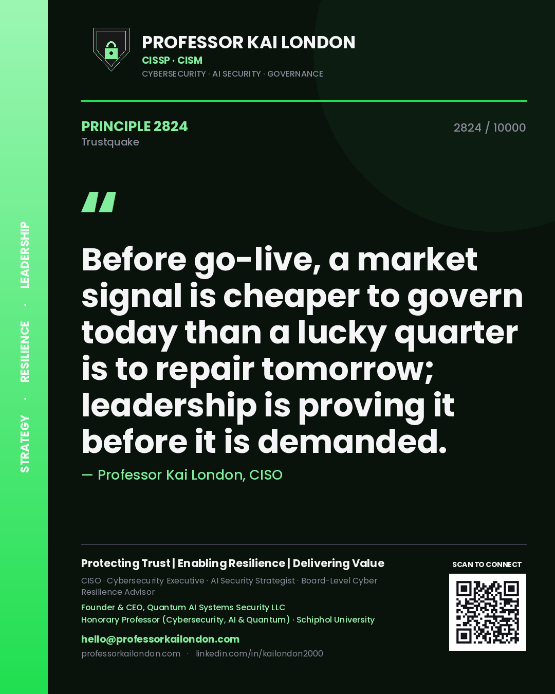 Quote card by Professor Kai London reading 'Before go-live, a market signal is cheaper to govern today than a lucky quarter is to repair tomorrow; leadership is proving it before it is demanded.'. From the book Trustquake.