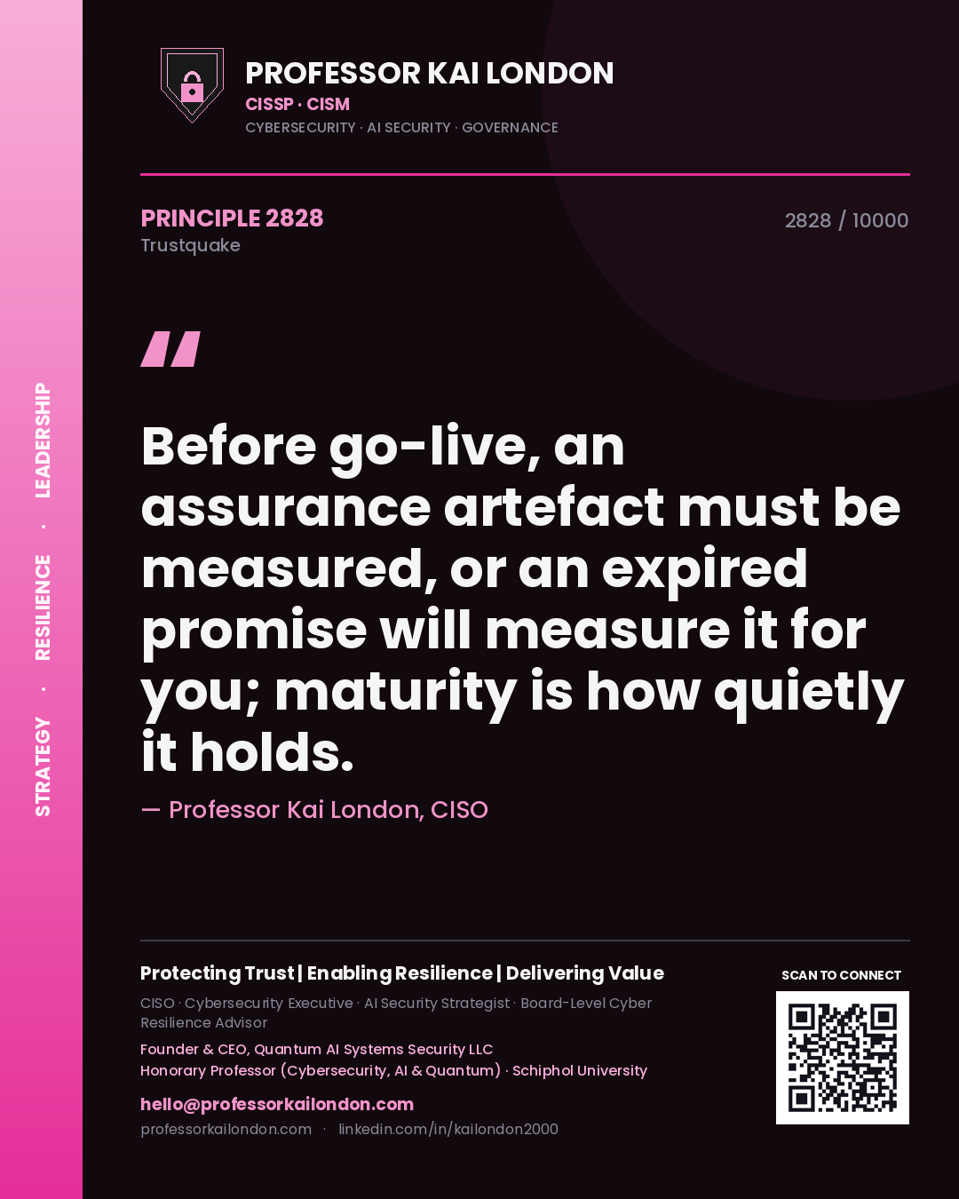 Quote card by Professor Kai London reading 'Before go-live, an assurance artefact must be measured, or an expired promise will measure it for you; maturity is how quietly it holds.'. From the book Trustquake.